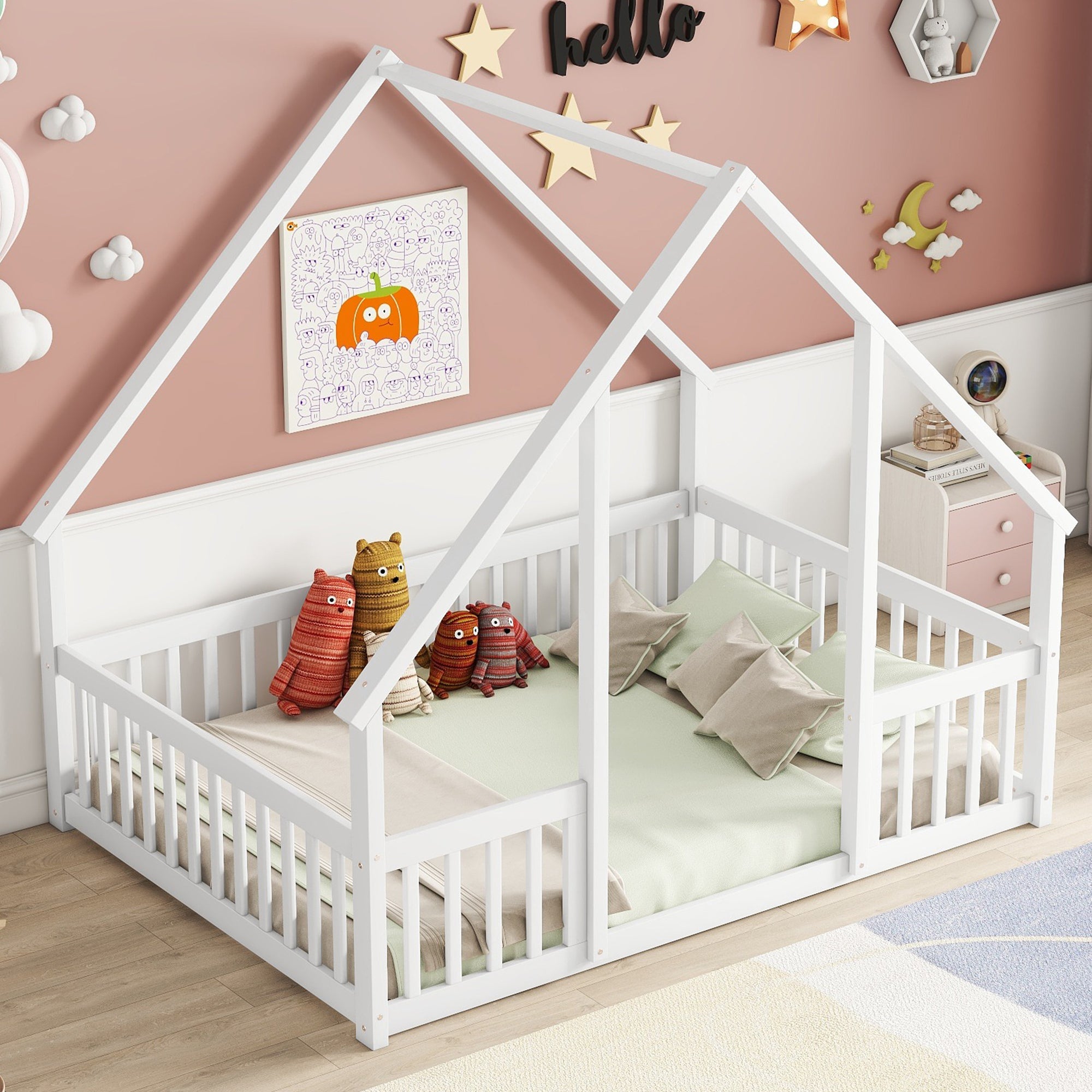 White Full Wood House-Shaped Toddler Floor Bed with Fence and Guardrails