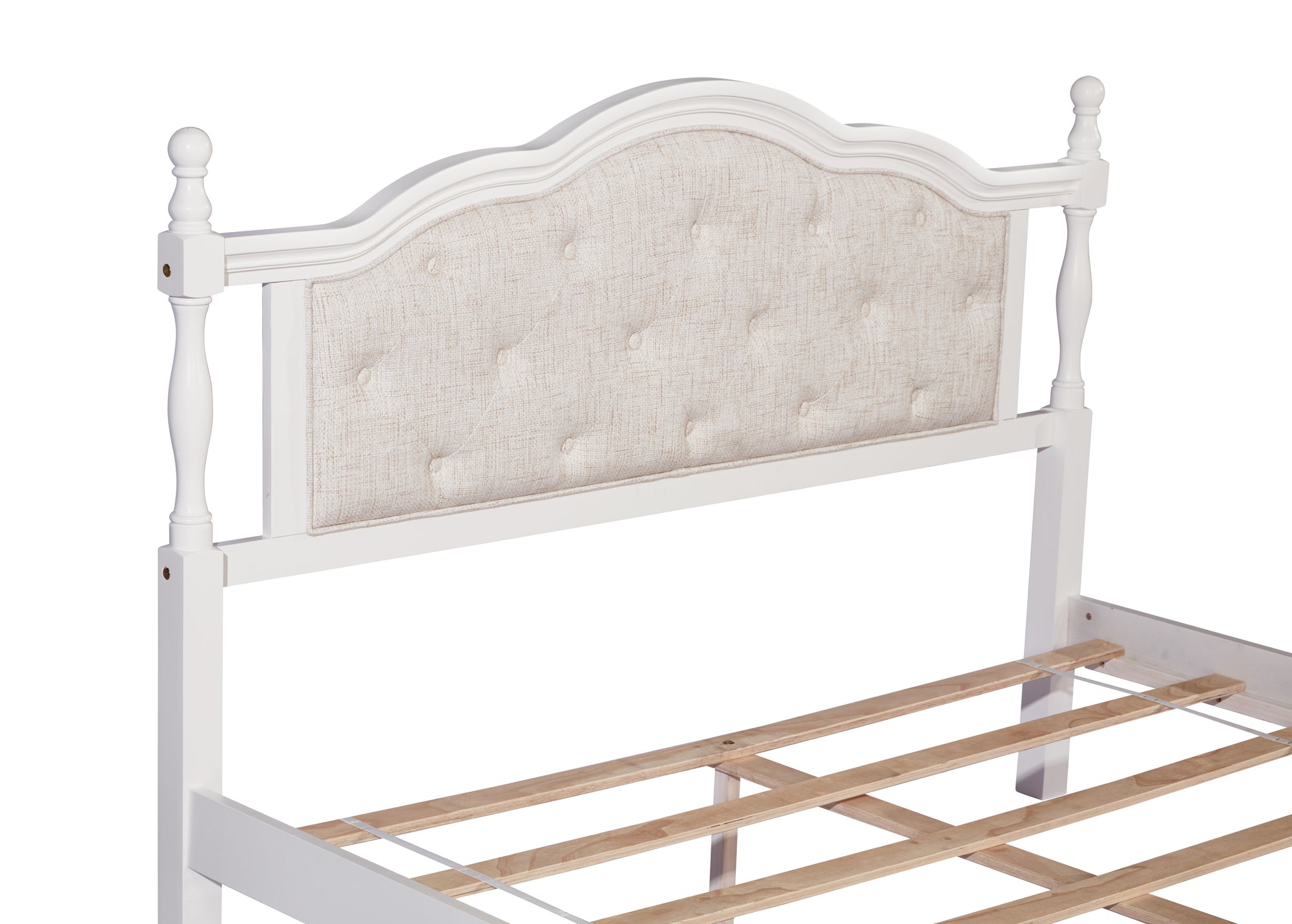 Queen Pine Wooden Bed with Upholstered Headboard and Panel Footboard In White