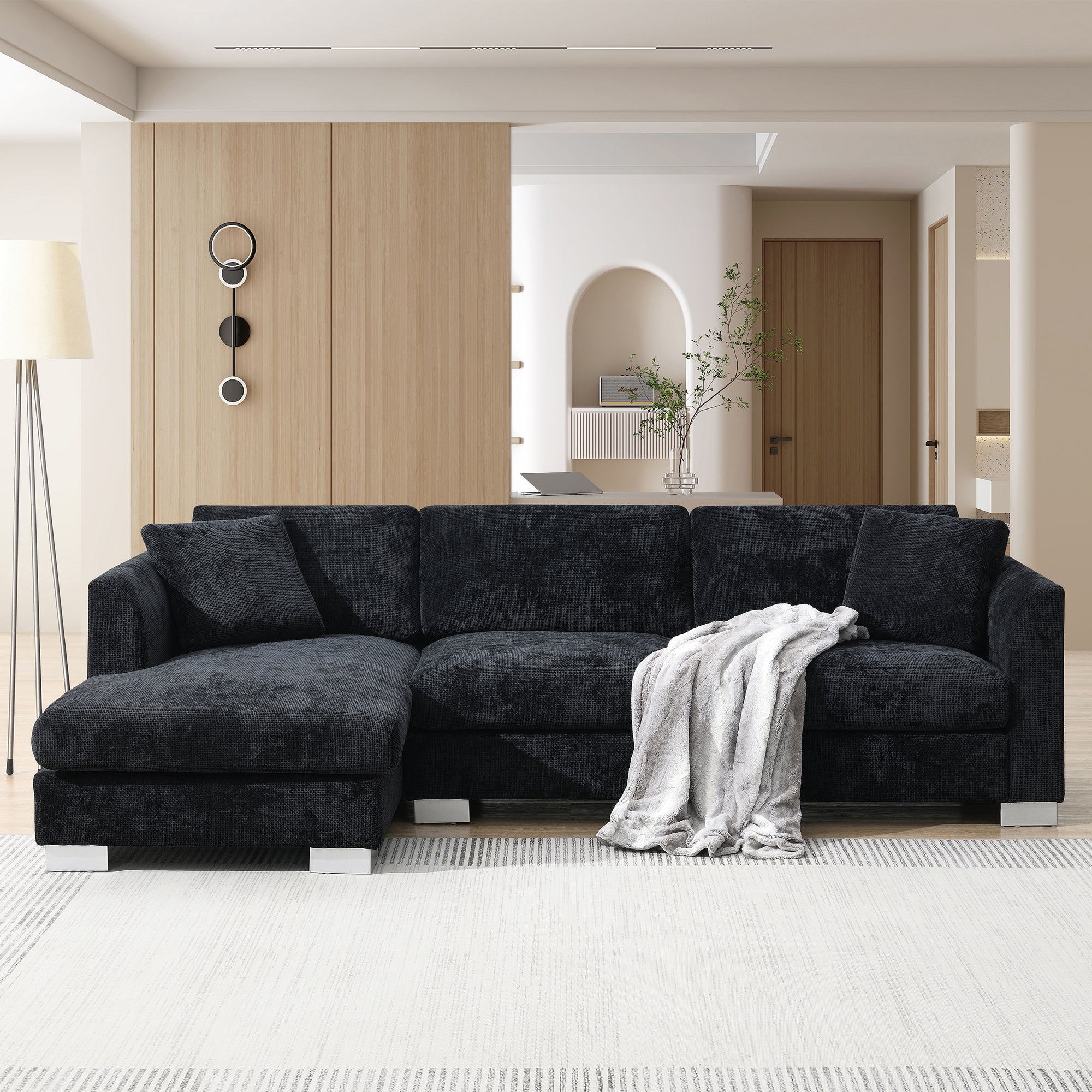 Black Chenille L-Shaped Sectional Sofa with Chaise Lounge and Aluminum Legs