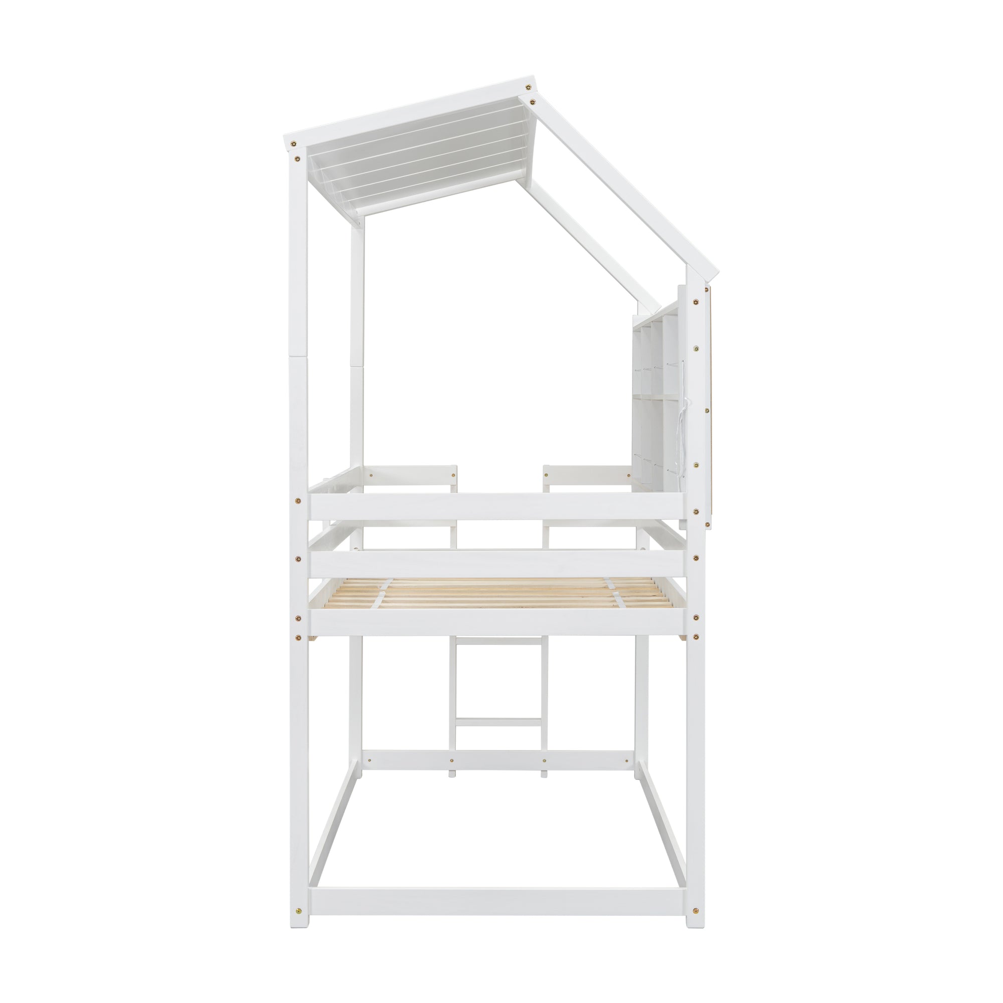 Twin House Loft Bed with Semi-Enclosed Roof and Built-in Bookshelves