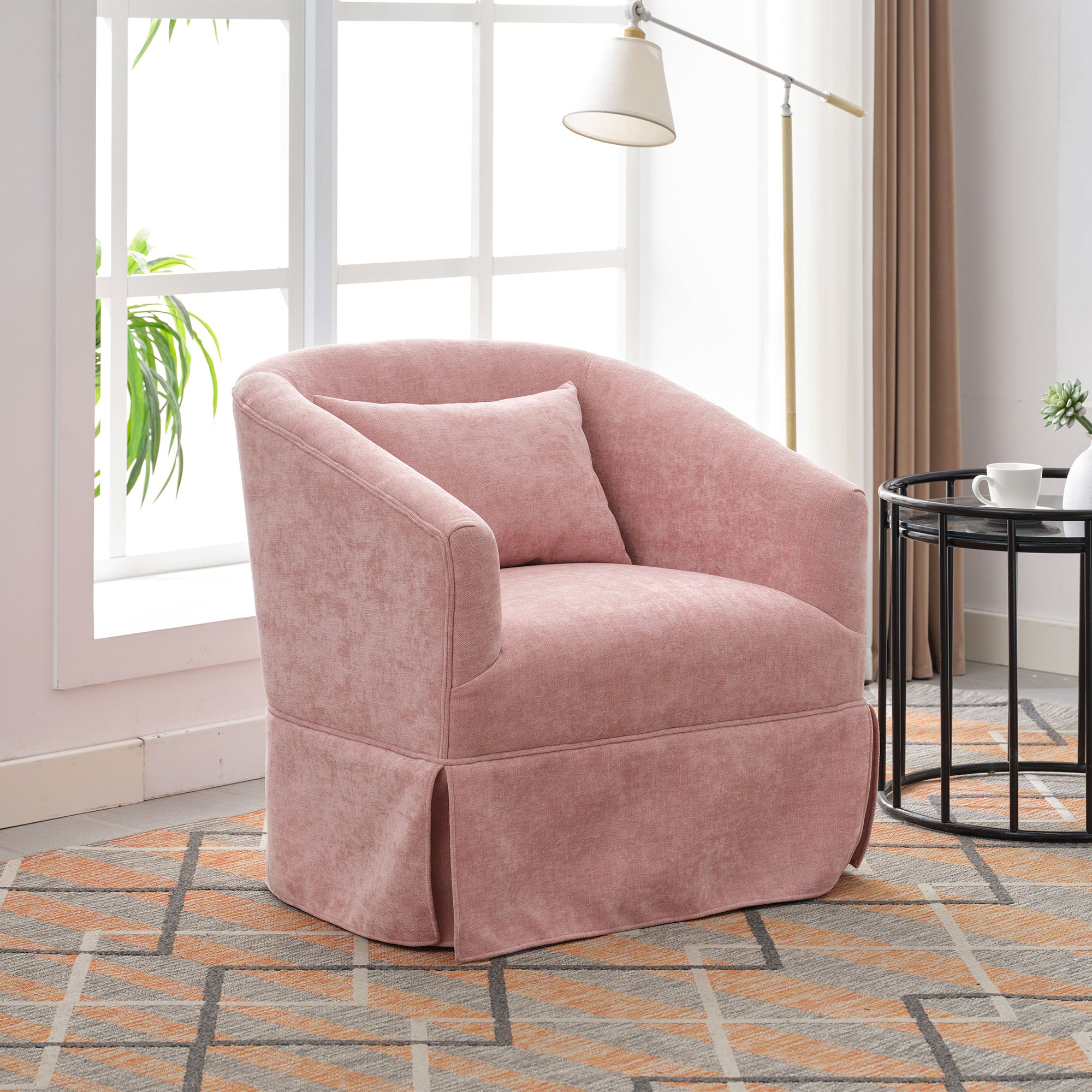 Pink Linen Blend Swivel Accent Armchair