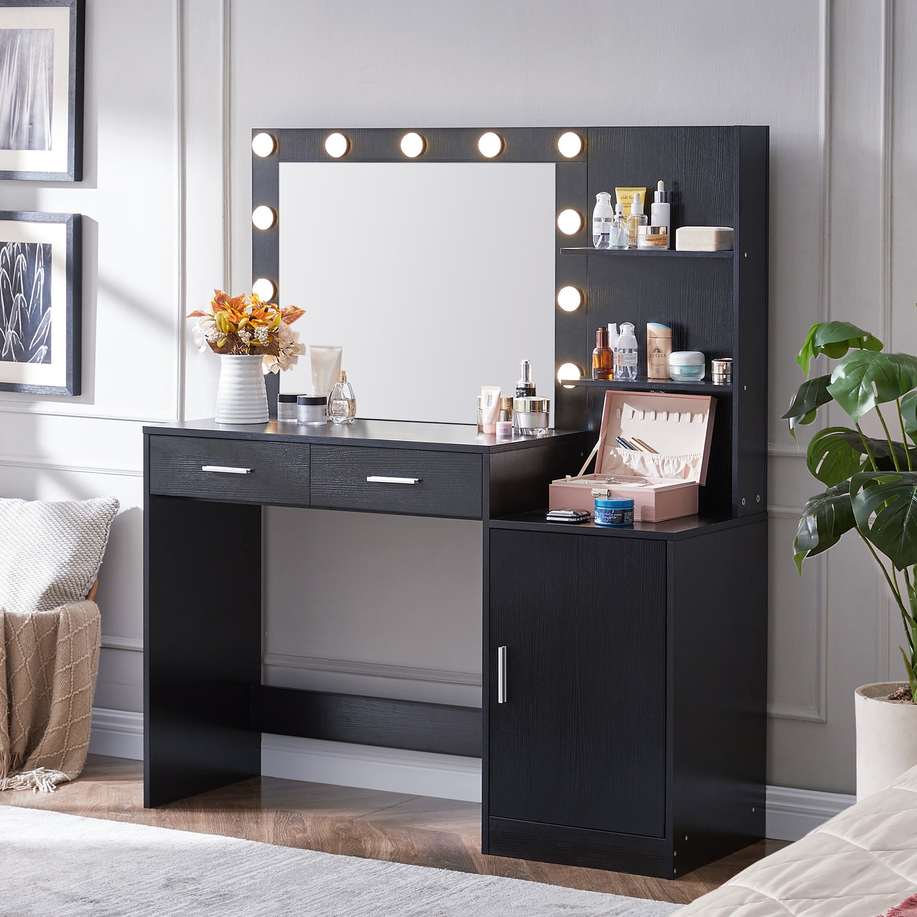 Vanity Desk with Mirror and Lights 46.4IN Dressing Table with 2 Drawers and Vertical Organizer 3 Adjustable Brightness Modes In Black