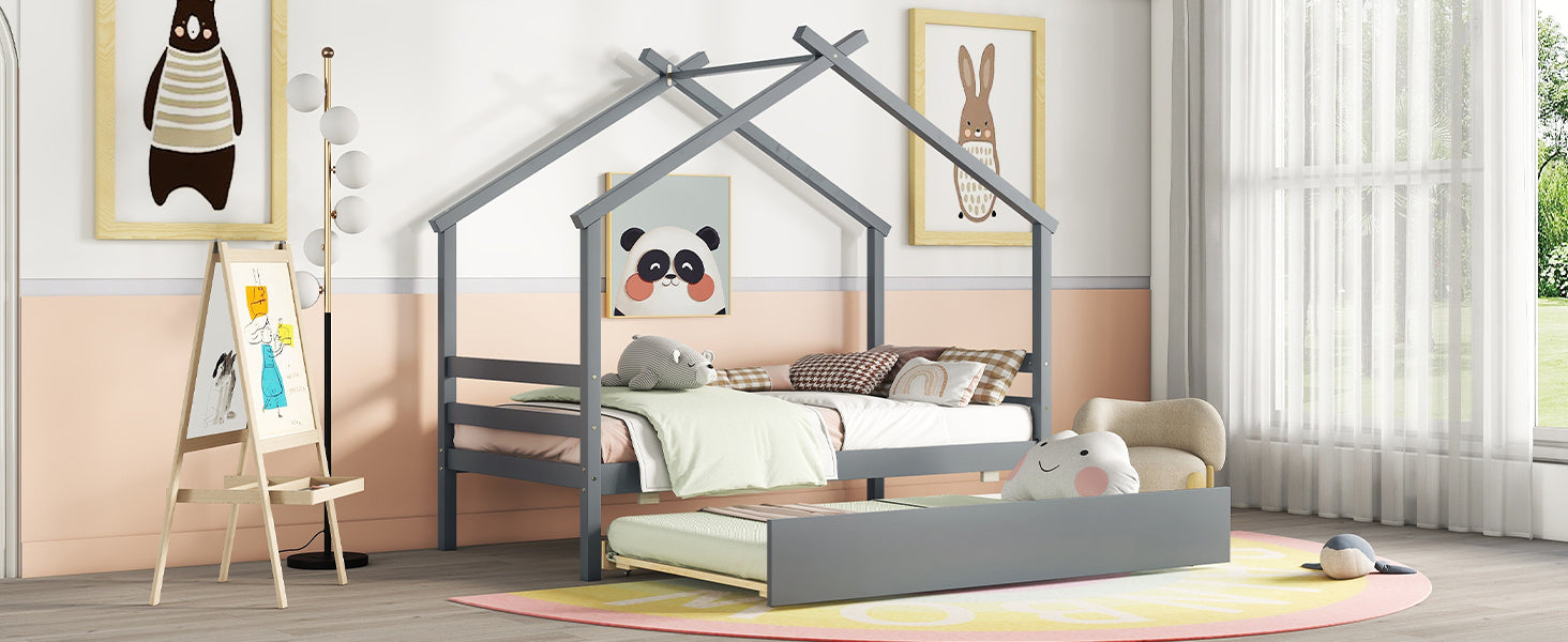 Gray Twin House-Shaped Bed with Pull-Out Trundle