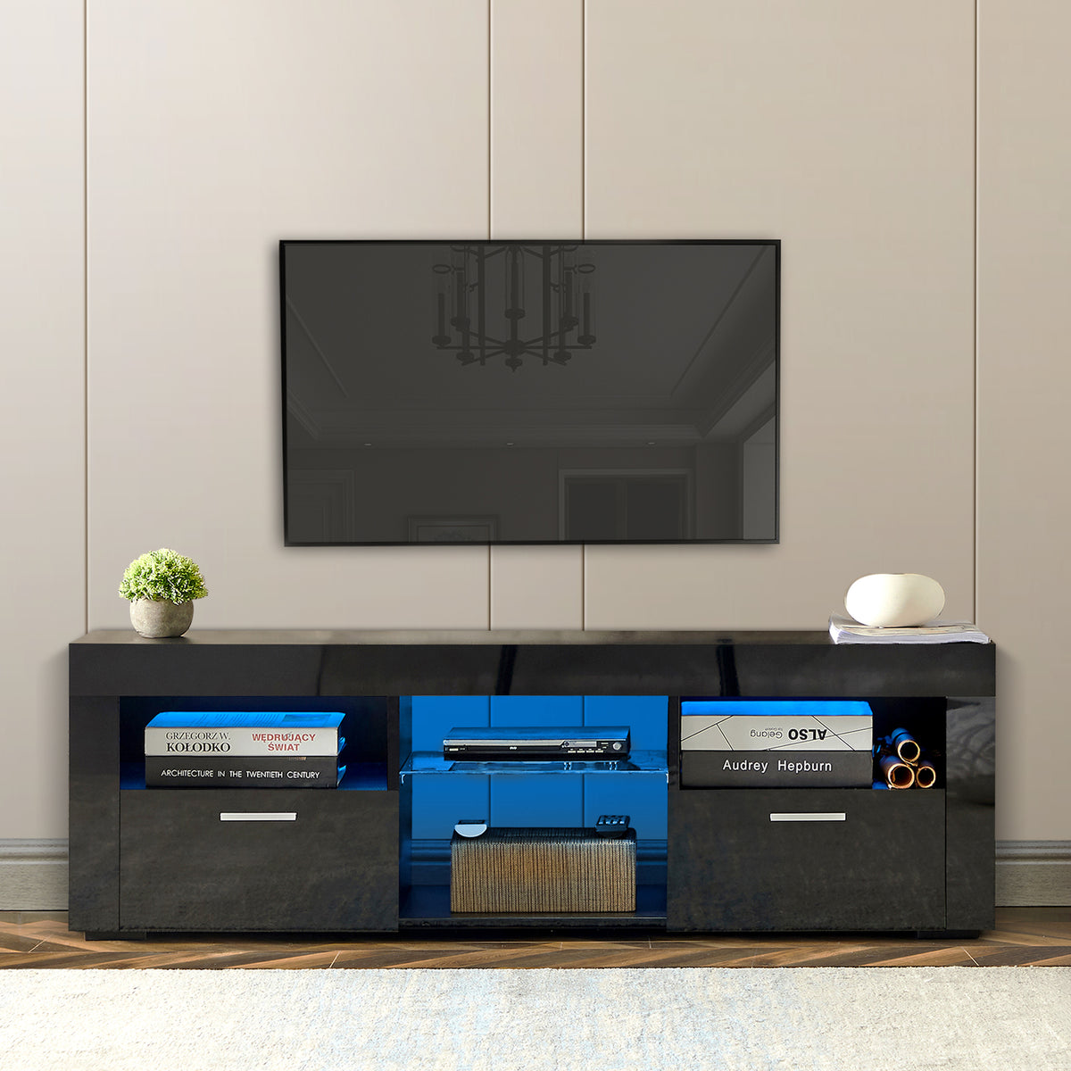 Black Modern TV Stand With LED Lights High Glossy Front In Black