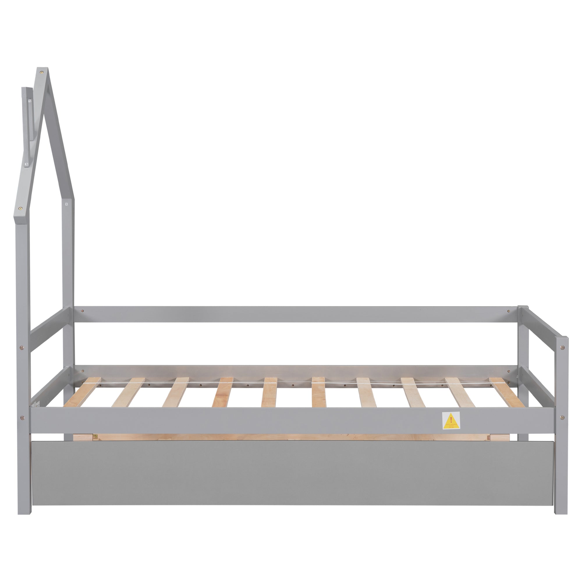 Twin House Wooden Daybed with Trundle and Guardrails in Gray