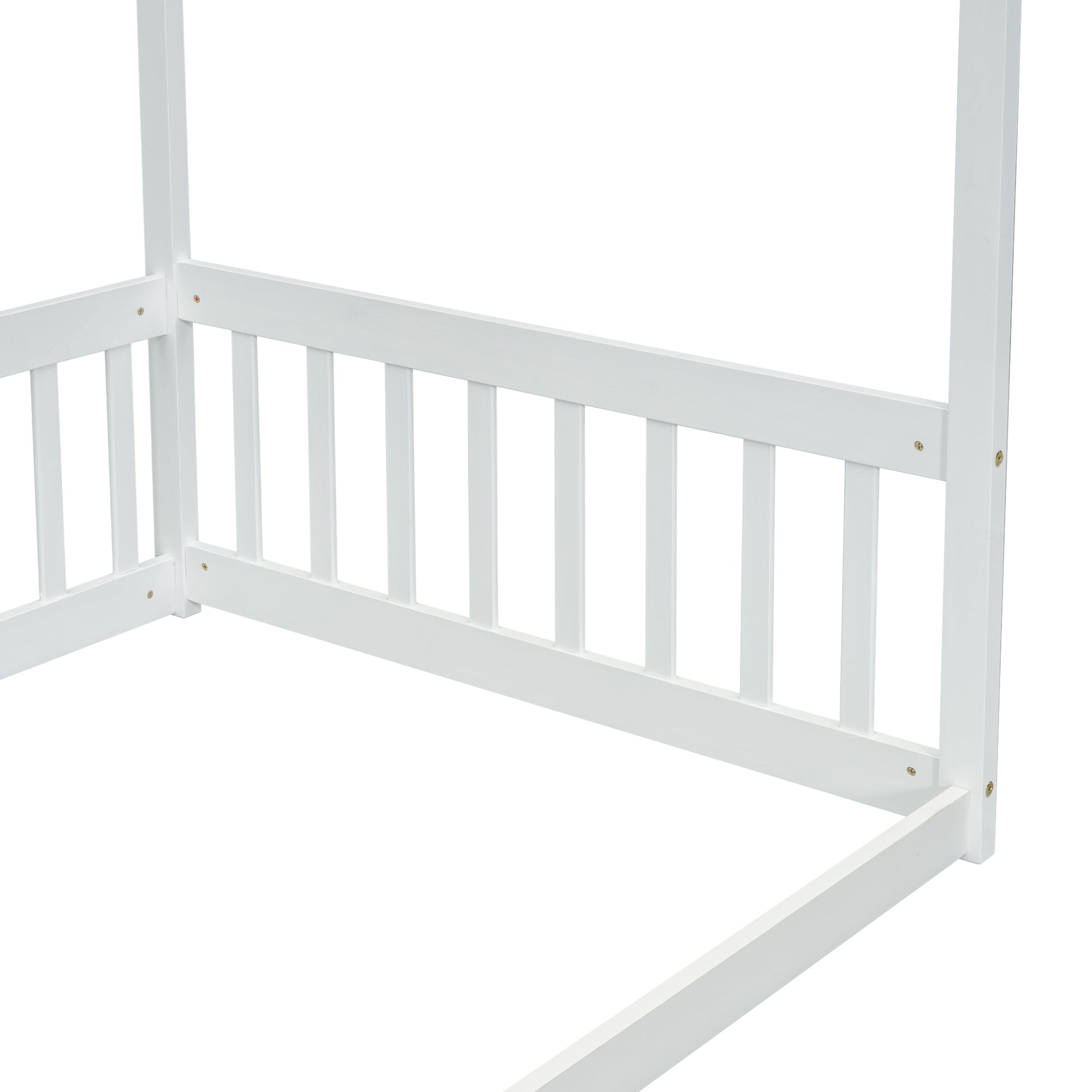 Twin Size White Canopy Frame Floor Bed with Fence and Guardrails