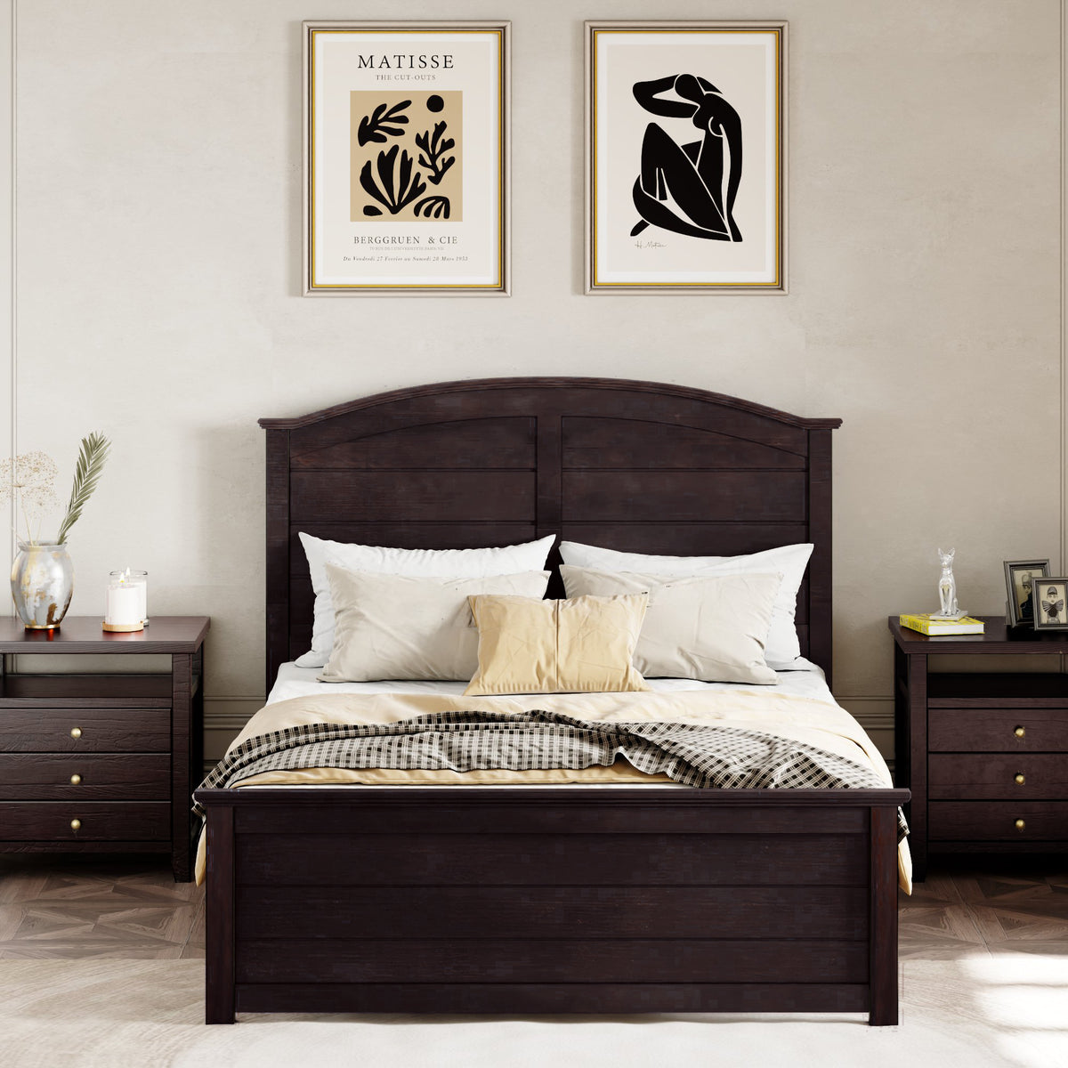 Farmhouse-Style Full Size Pine Wood Bed in Espresso