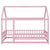 Pink Twin Size Toddler Floor Wooden Bed with House Roof Frame and Fence Guardrails