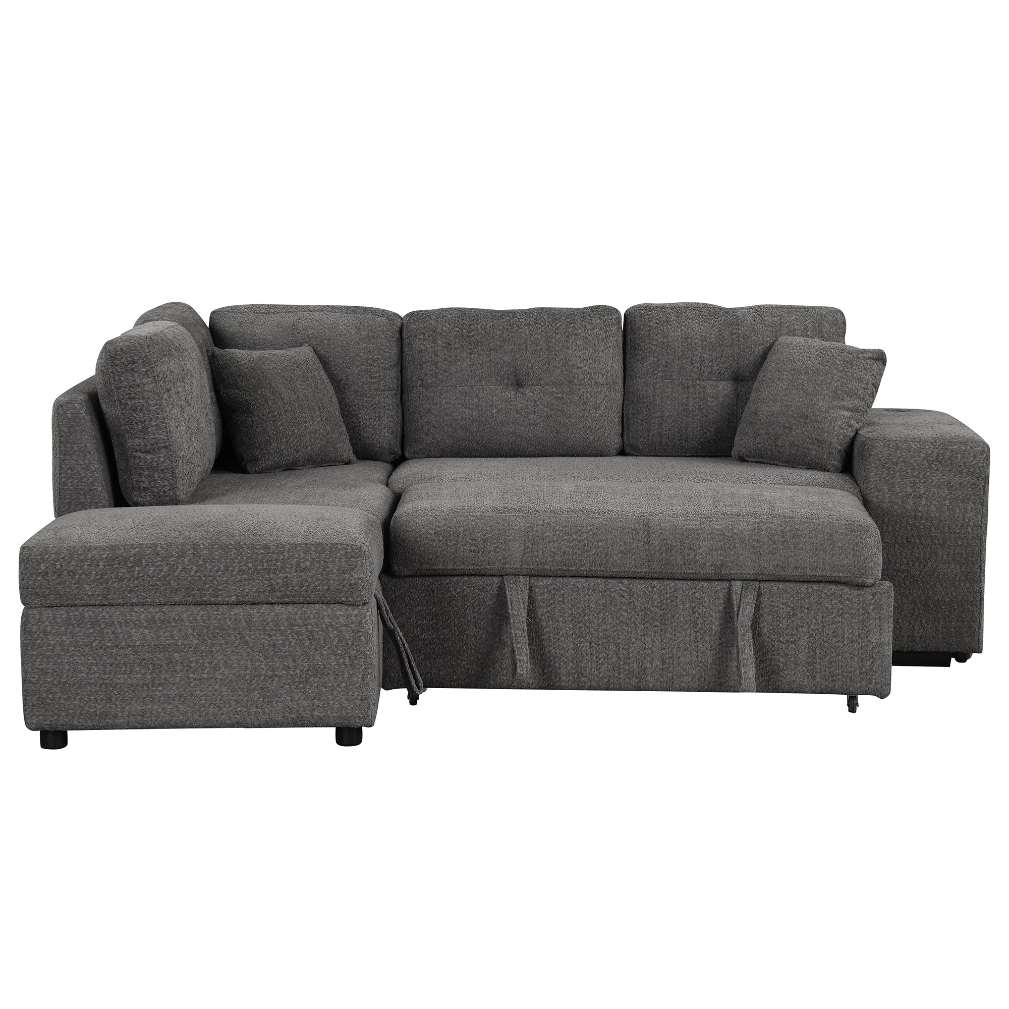 Dark Gray Chenille Pull-Out Sofa Bed with Storage Ottomans and Wireless Charger