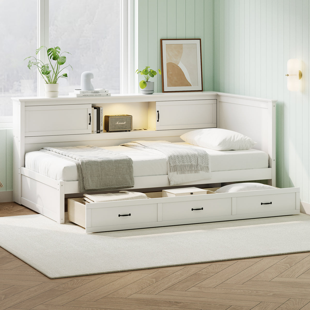 Full L-Shaped Daybed with Storage Cabinets, Drawers &amp; Built-In Charging Station