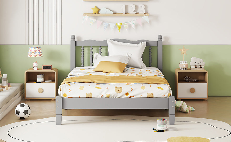 Gray Twin Bed with Column-Decorative Headboard