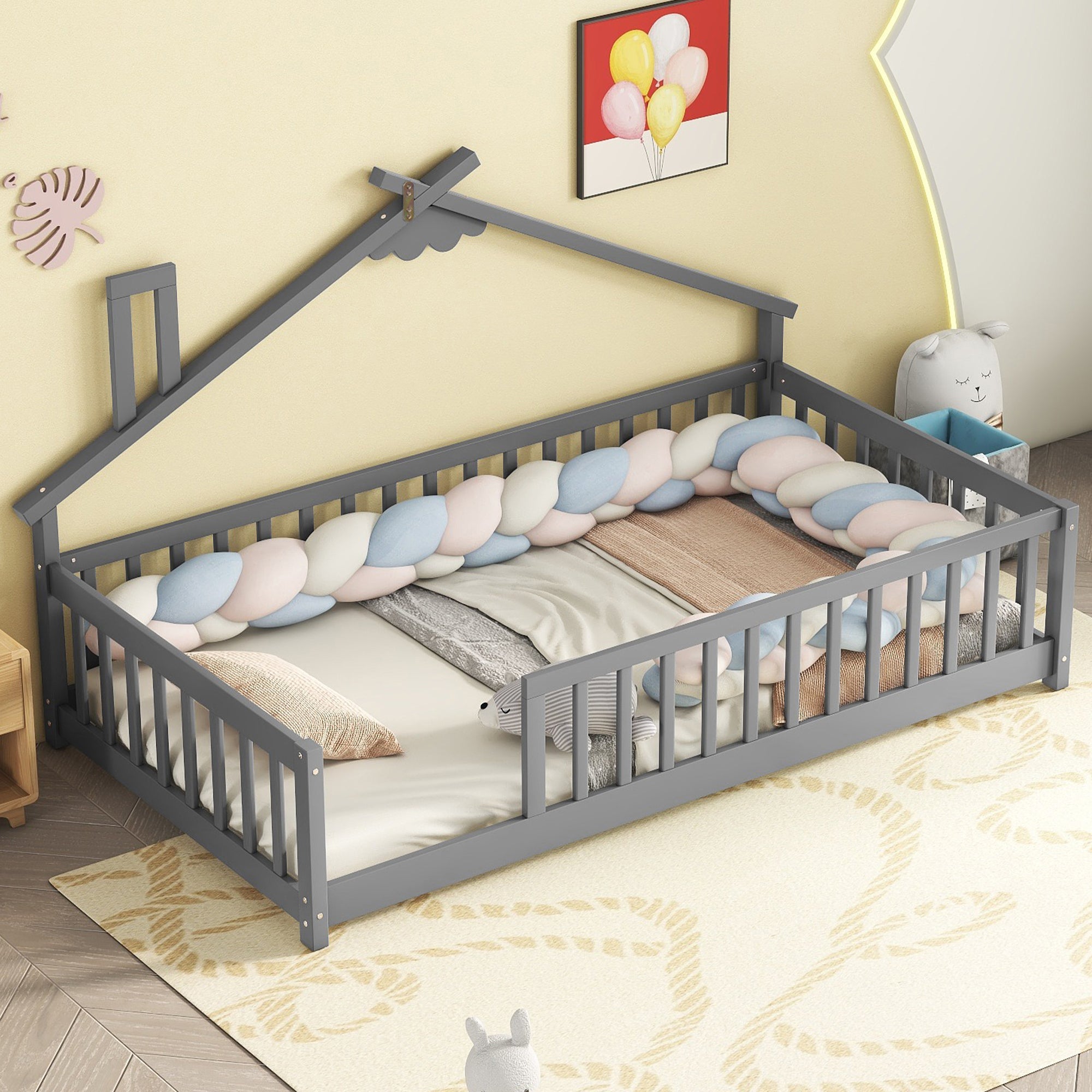 Gray Twin House-Shaped Bedside Toddler Floor Bed with Guardrails