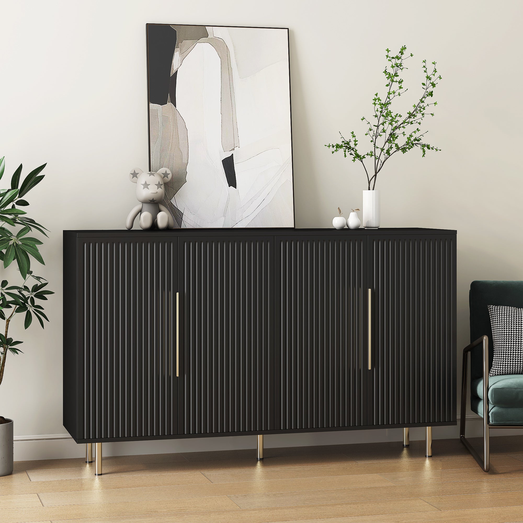 Black Modern Buffet Cabinet with Storage Fluted Sideboard Credenza with Adjustable Shelves In Black