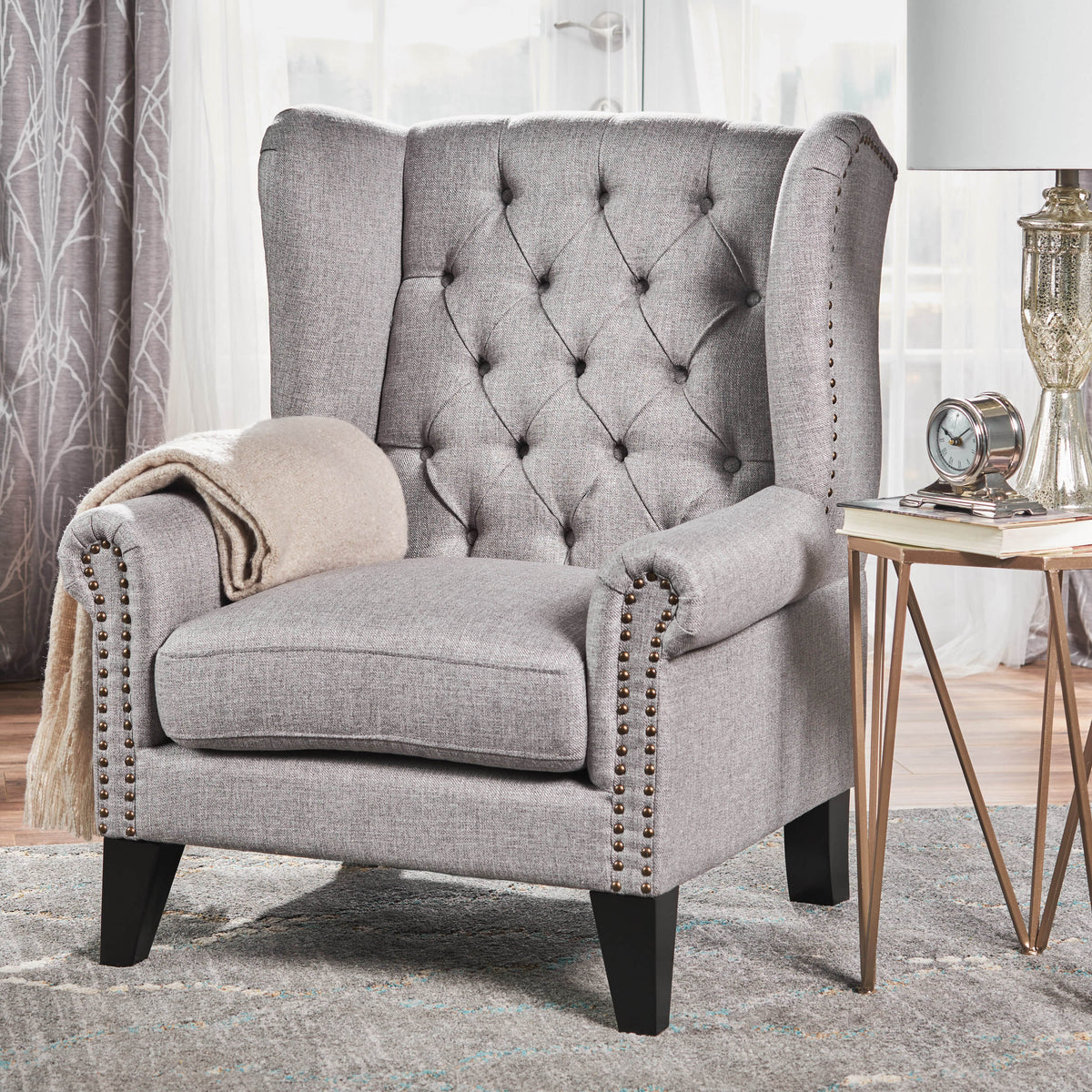 Antique-Styled Gray Tufted Armchair