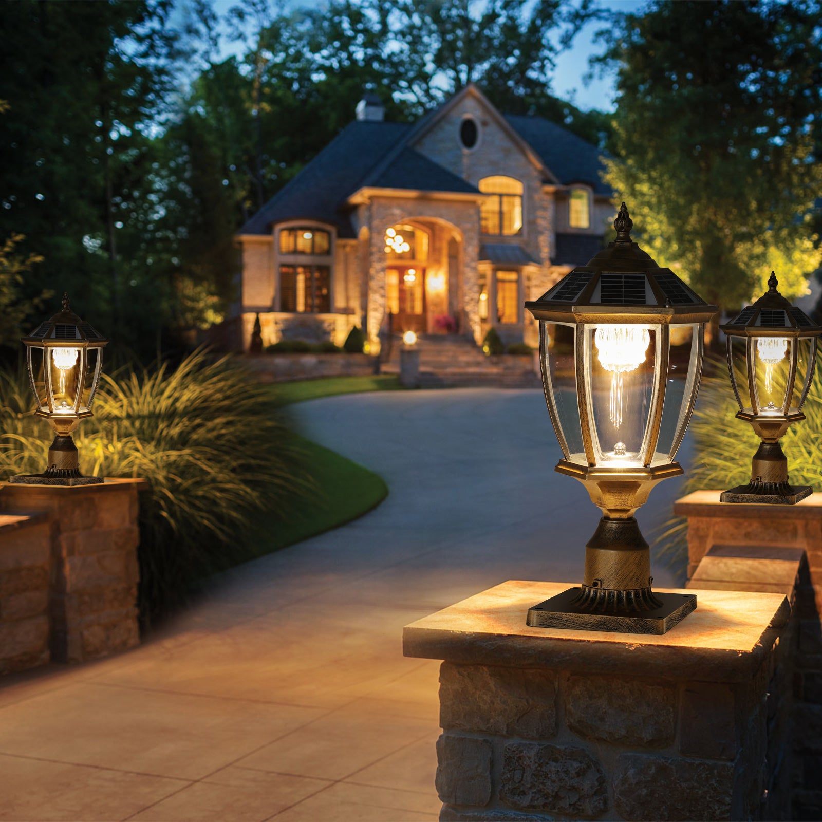 Contemporary Gold Pair of Solar Column Headlights with Dimmable LED