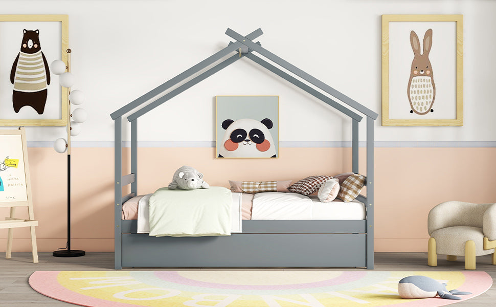 Gray Twin House-Shaped Bed with Pull-Out Trundle