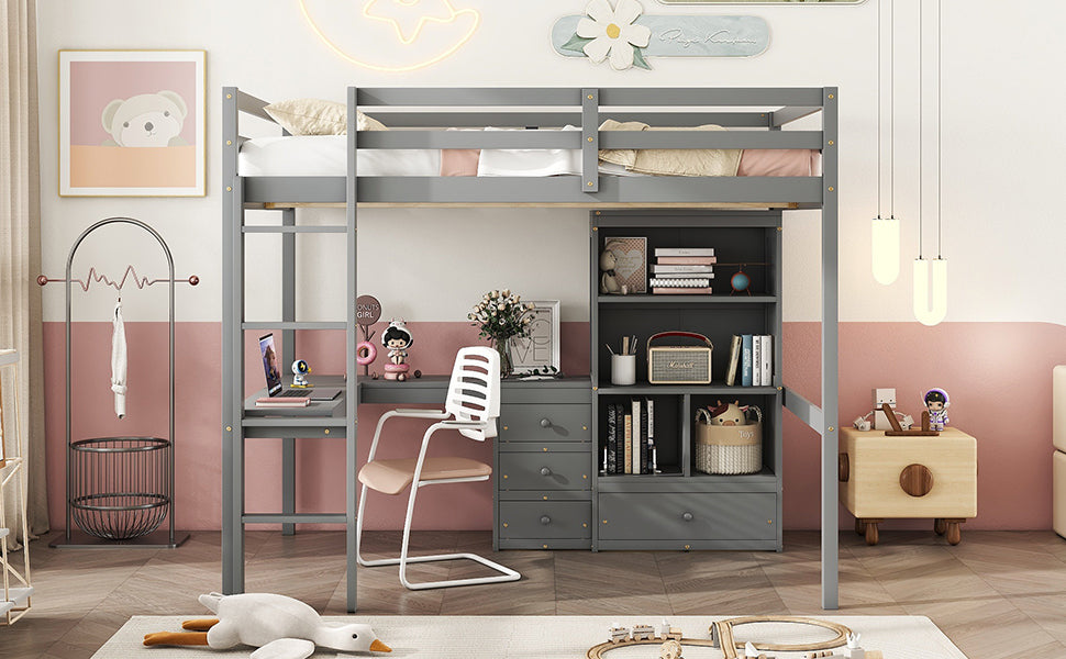 Gray Full Size High Loft Bed with Desk, Storage Shelves, and Drawers