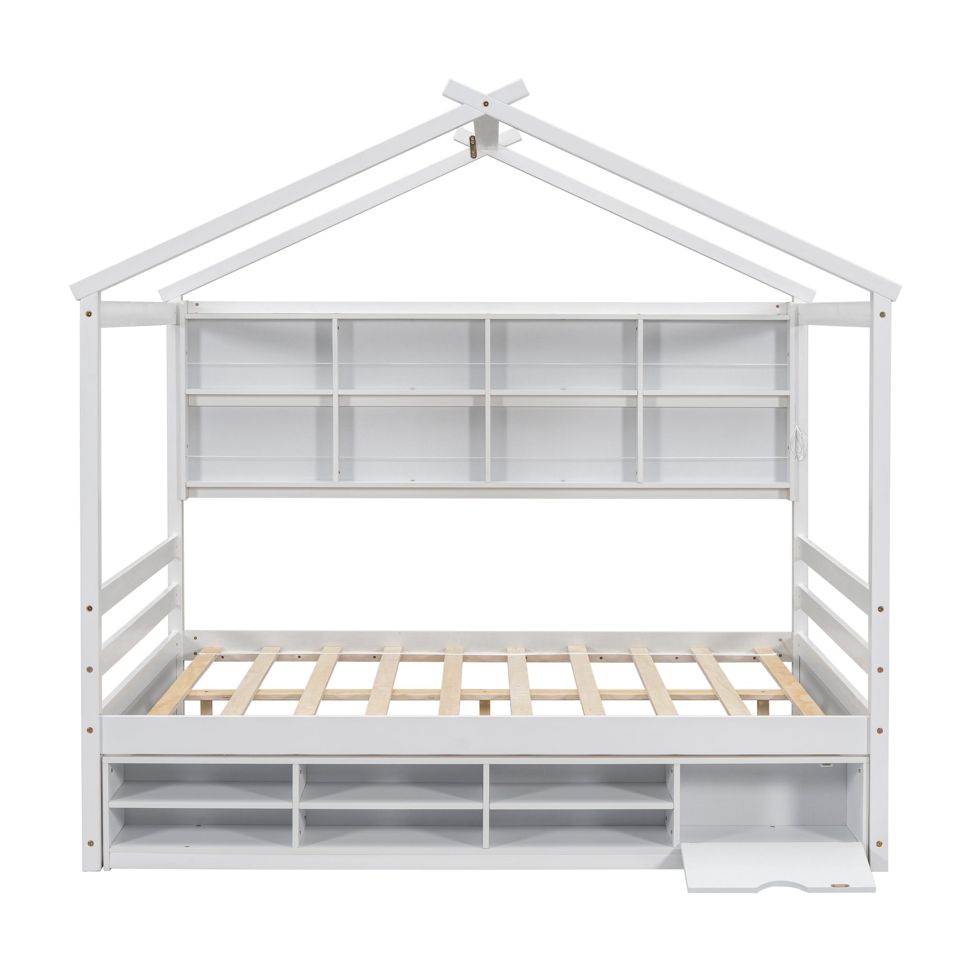 Full Sized Bed with Roof Frame, Bedside Shelves, and Under-Bed Storage Unit