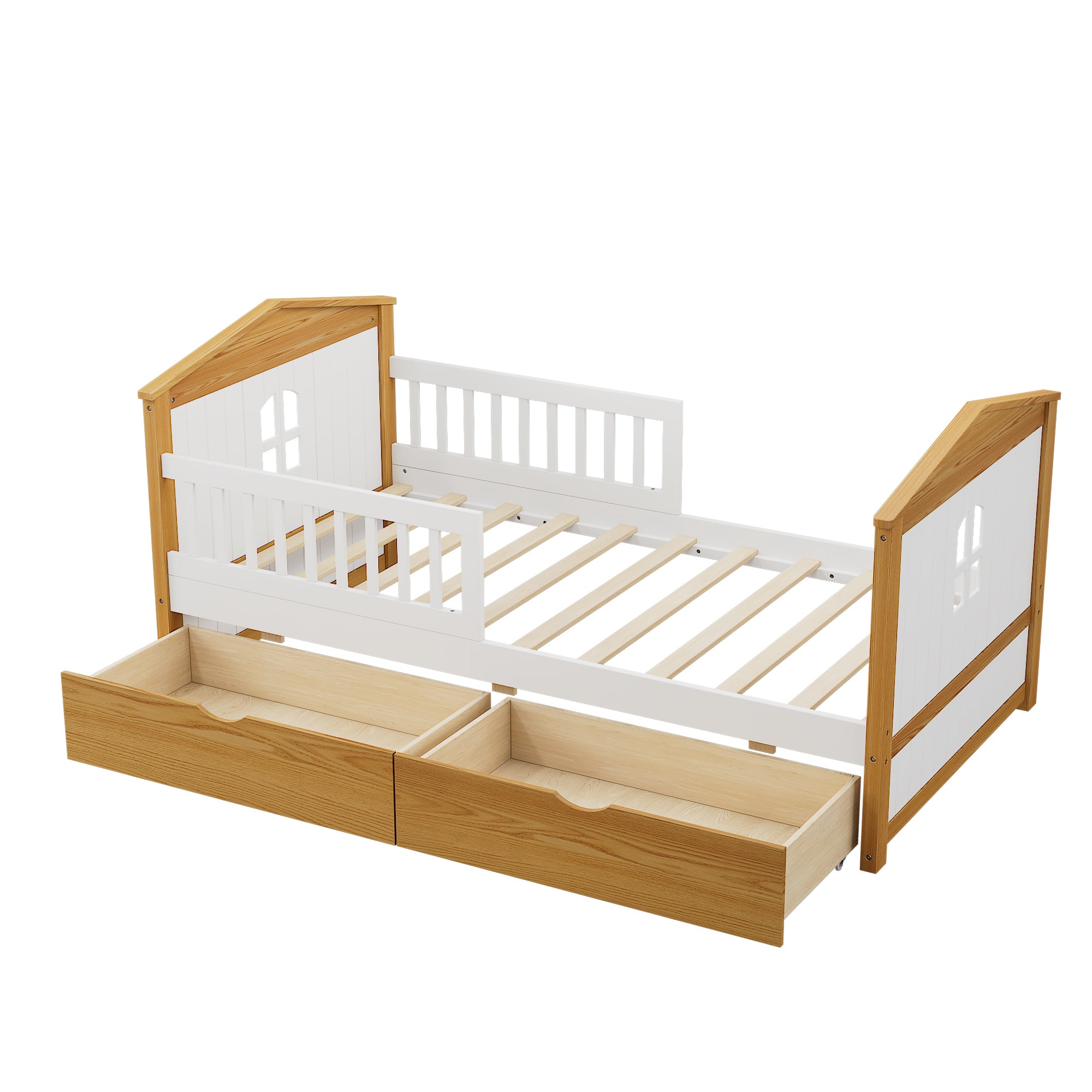 Twin Safety Bed For Toddlers with Fence Guardrails & Storage Drawers