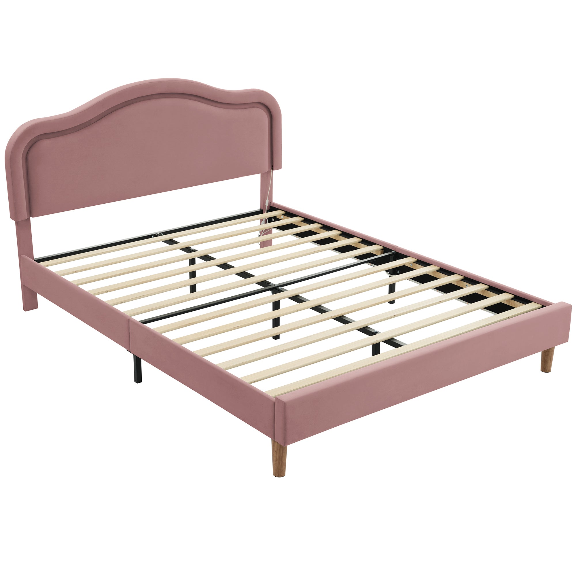 Pink Queen Bed Frame with Adjustable LED Lights and Velvet Upholstery