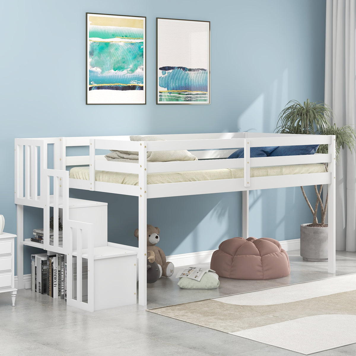 Twin Loft Bed with Staircase in White