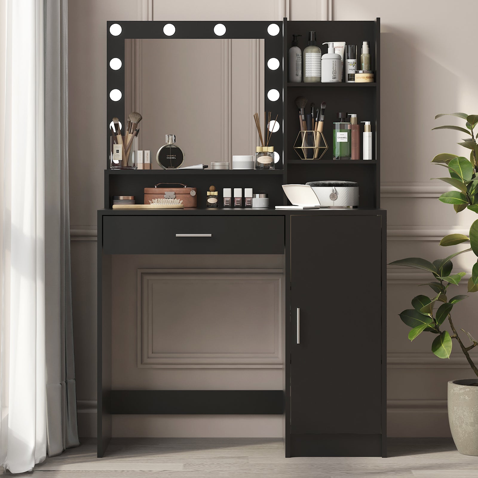THE FURNITURE CO. Vanity Default Vanity Desk with Mirror & Light Large Drawer Three Level Storage Dresser Adjustable Brightness In Black