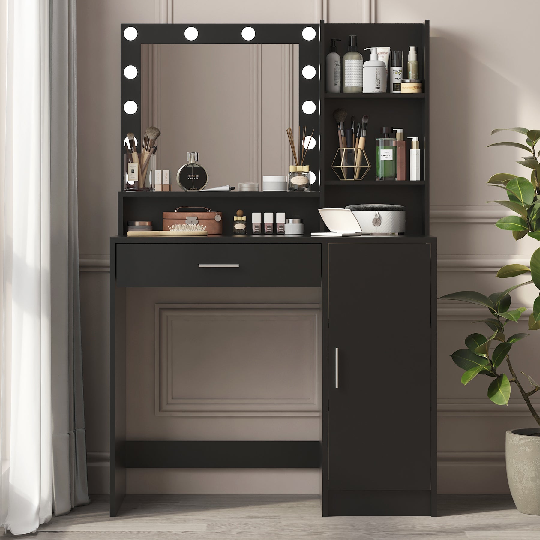 Vanity Desk with Mirror & Light Large Drawer Three Level Storage Dresser Adjustable Brightness In Black