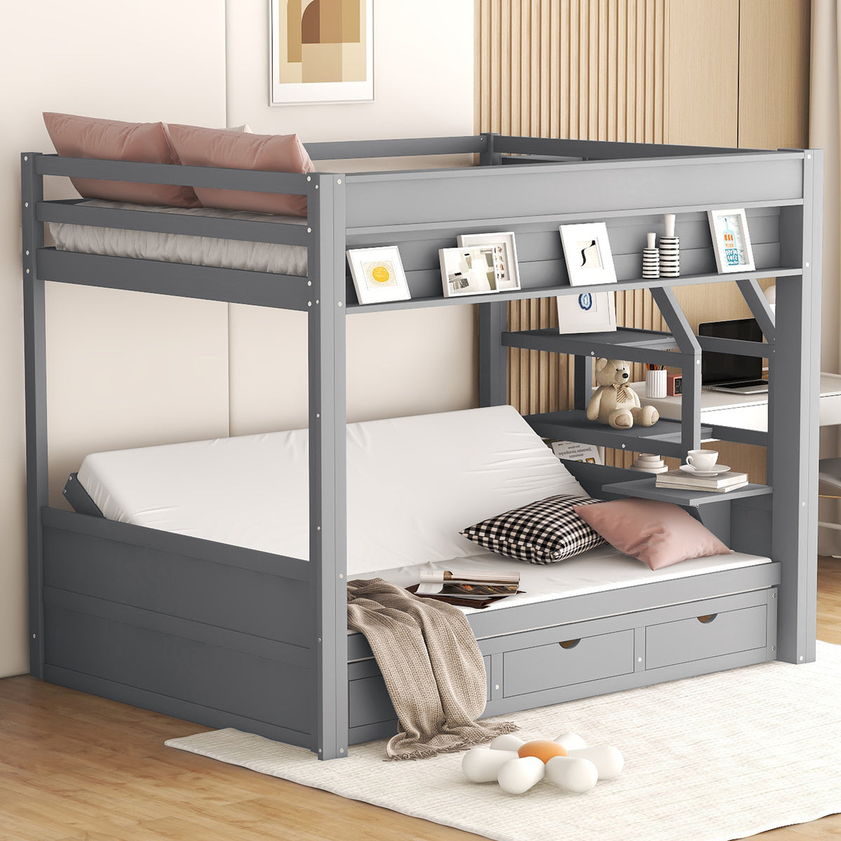 Wood Full Size Convertible Bunk Bed with Storage Staircase and 3 Drawers In Gray