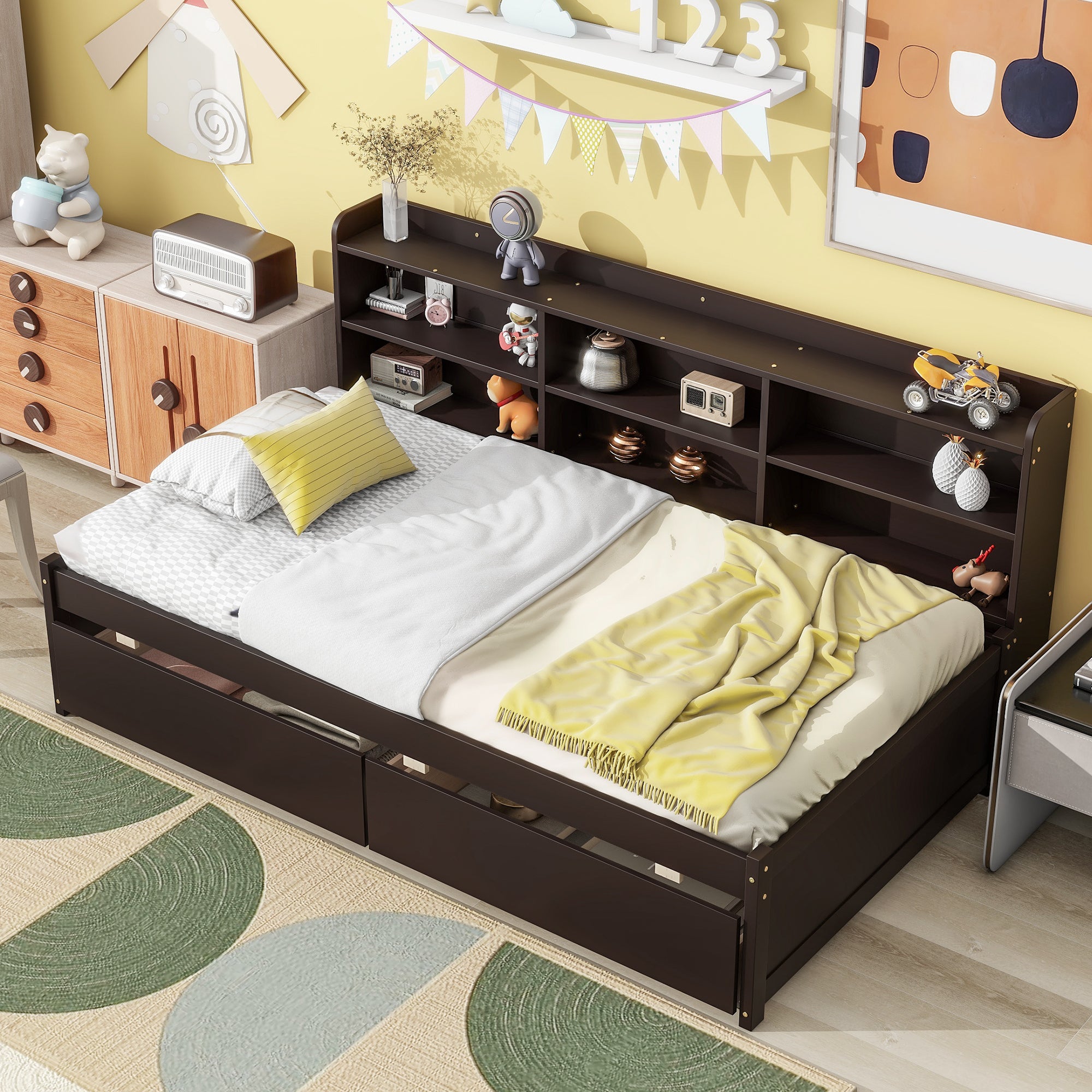 Twin Bed with Side Bookcase & Storage Drawers In Espresso