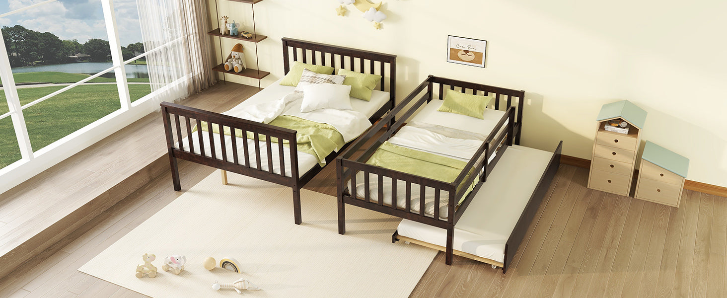 Espresso Twin Over Full Rubber Wood Bunk Bed with Trundle and Detachable Design