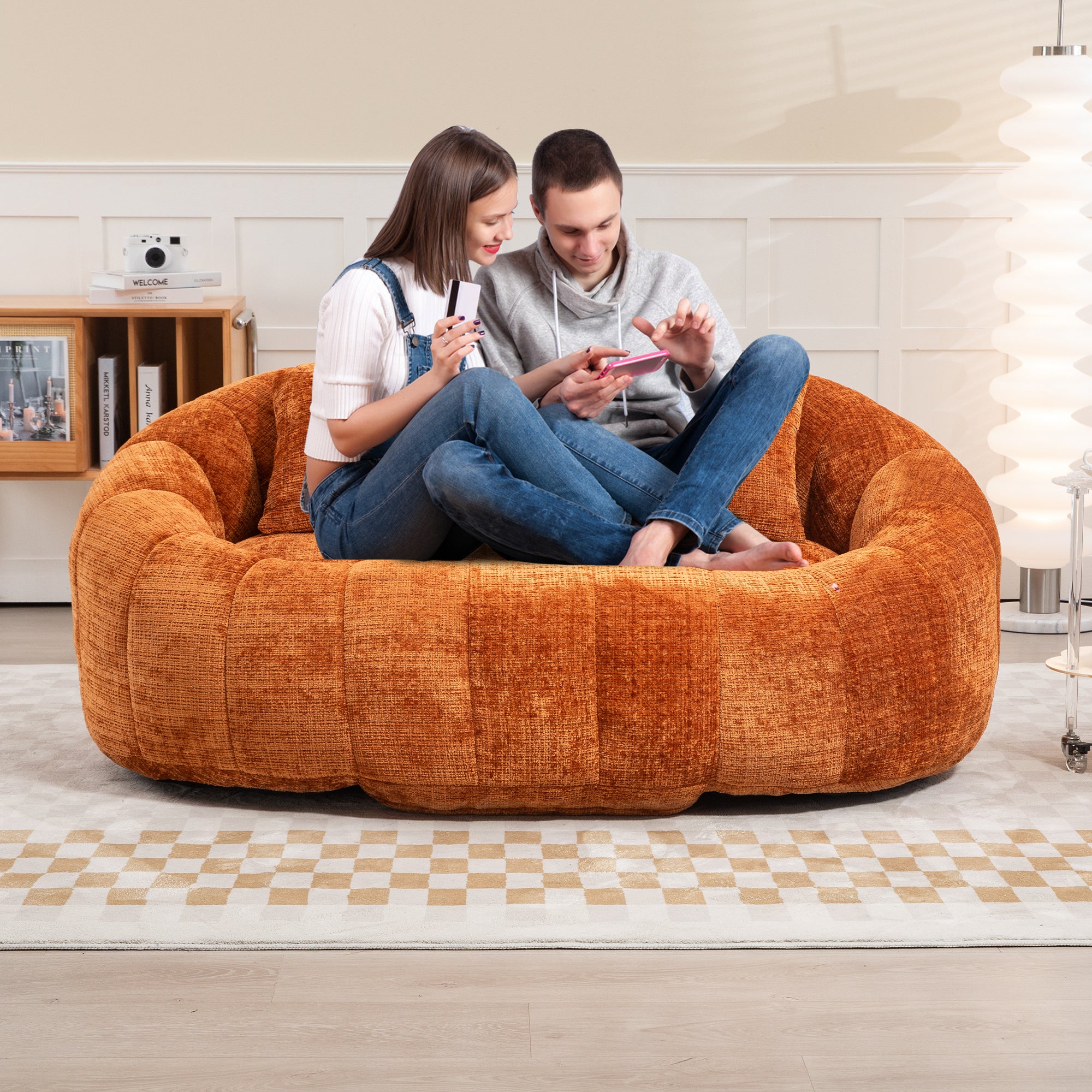 Orange Chenille Bean Shape 2-Seater Lazy Sofa