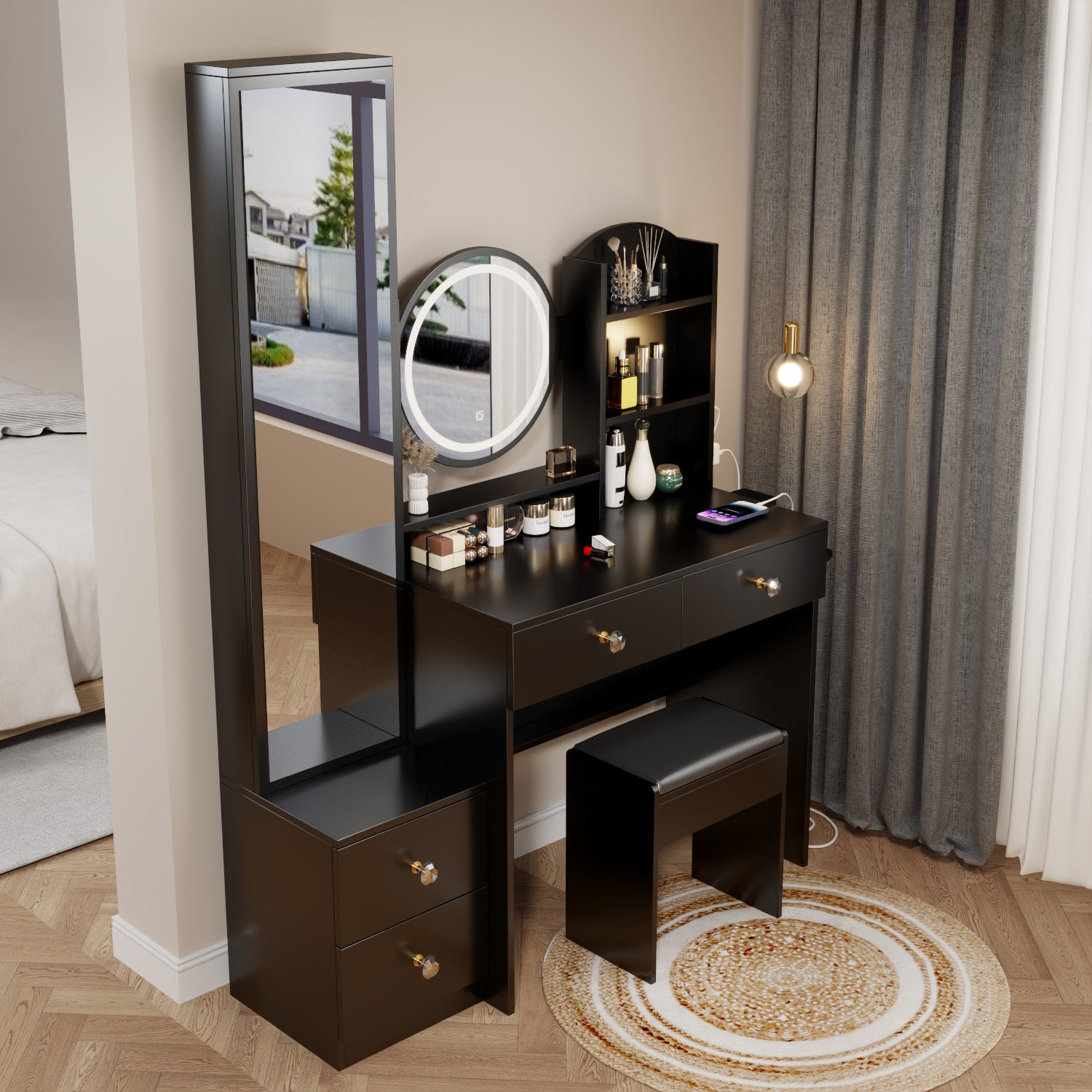 Full Body Mirror Cabinet Round Mirror LED Vanity Table Cushioned Stool With 2 AC 2 USB Power Station Touch Control In Black