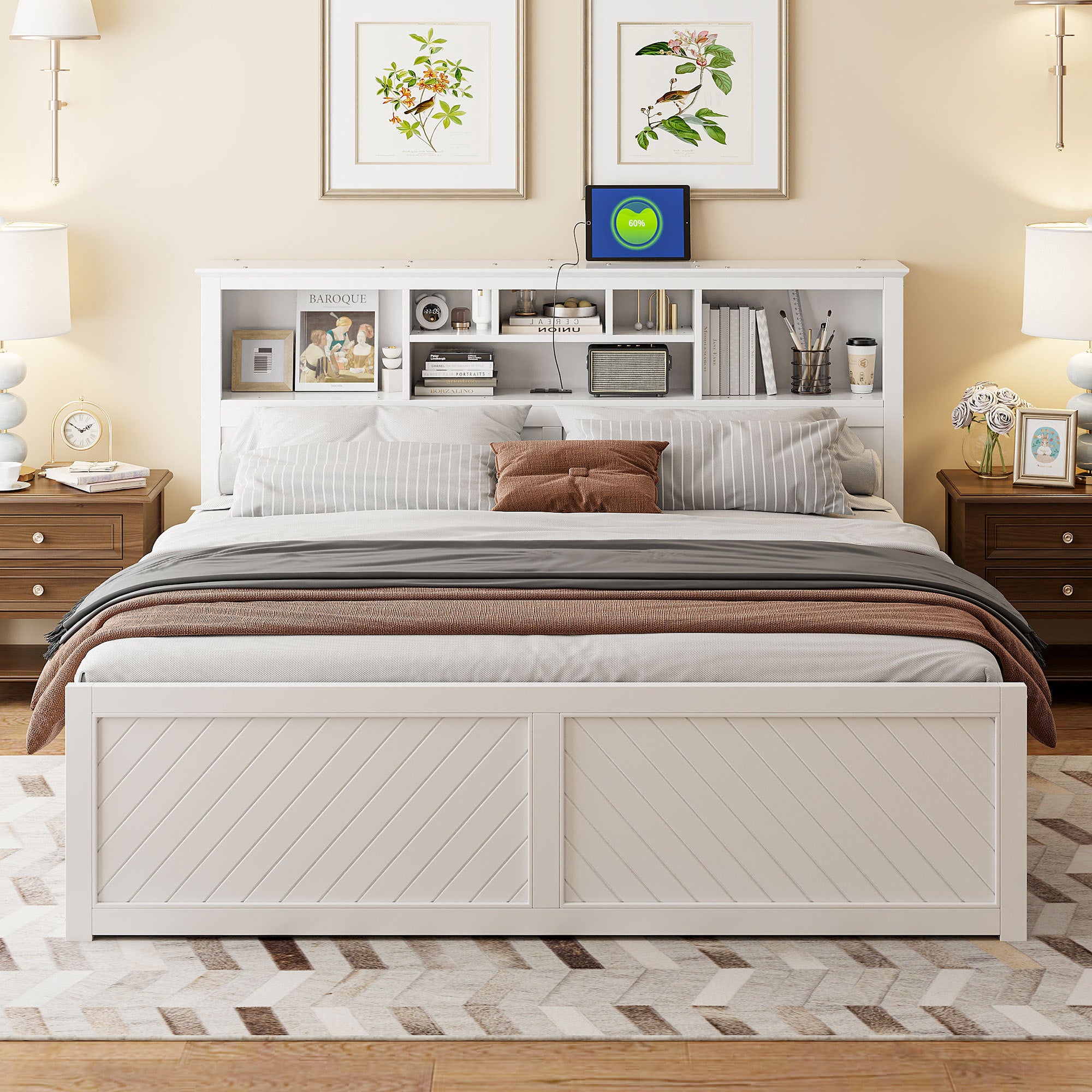 King Size Wood Platform Bed with Multi-storage Headboard and USB Ports In White