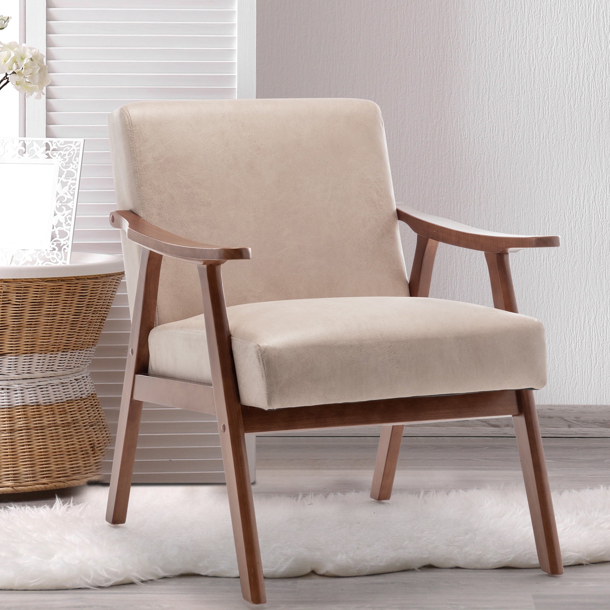 Mid-Century Modern Accent Chair - Solid Wood Frame, Extra-Thick Backrest, Ideal for Living Room, Bedroom, or Reading Room