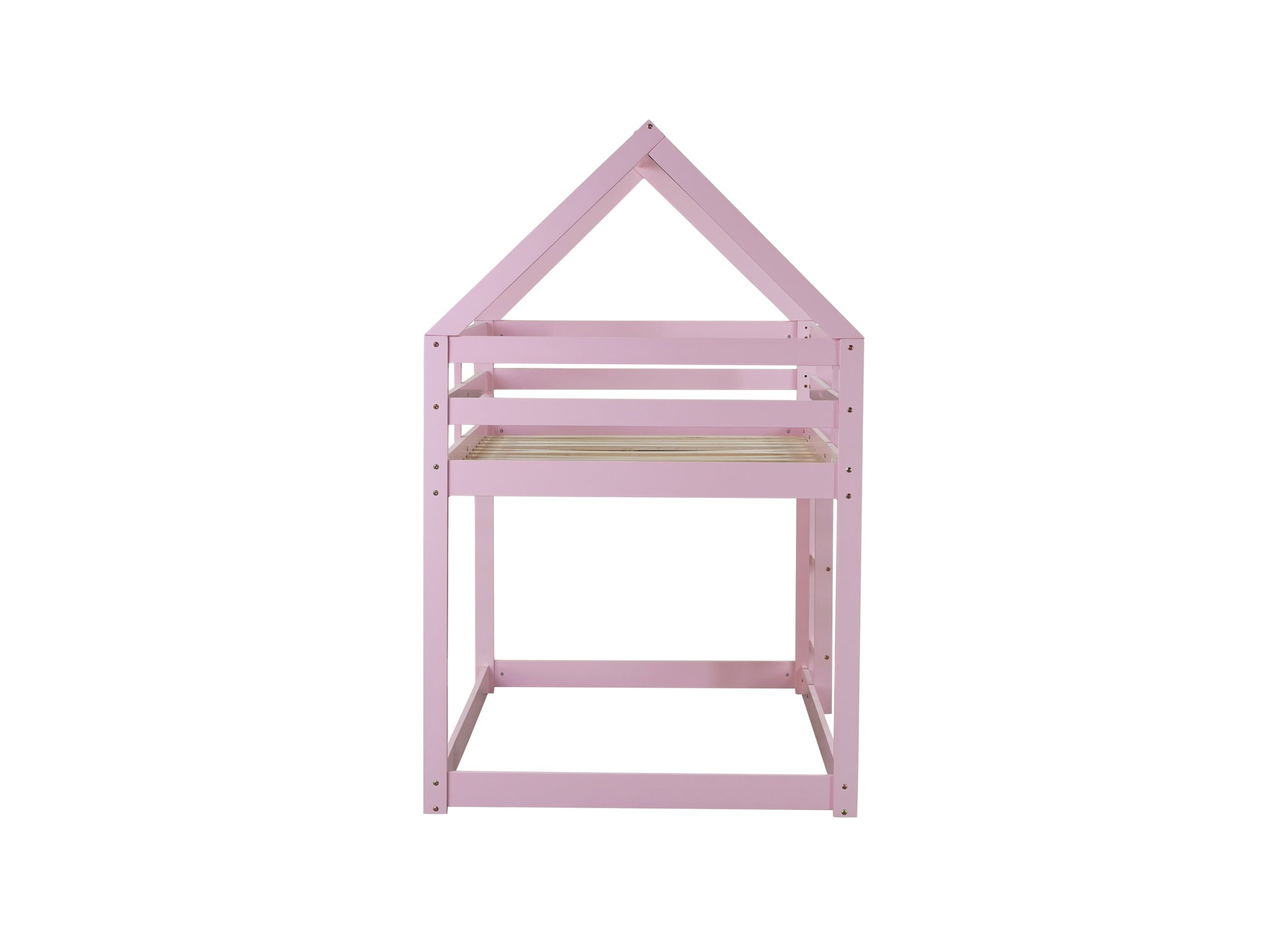 Twin Over Twin Pink House-Shaped Floor Bunk Bed with Ladder and Guardrails