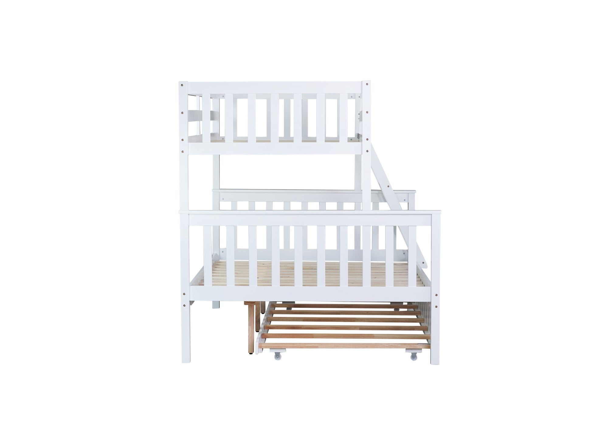 White Twin Over Full Rubber Wood Bunk Bed with Trundle, Detachable Ladder, and Guardrails