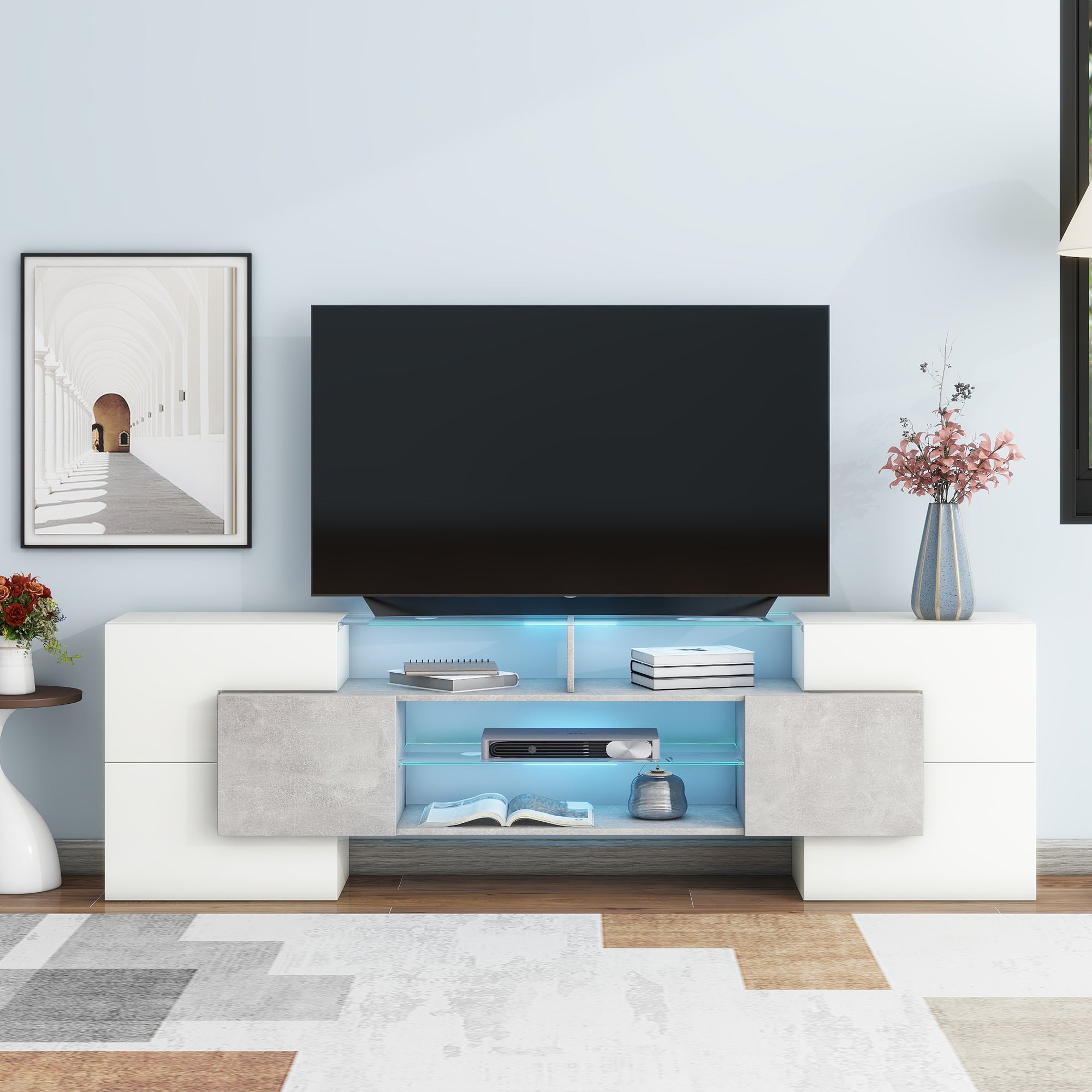 Unique Shape TV Stand with 2 Glass Shelves LED Lights High Gloss Entertainment Center for TVs Up to 88 In Grey