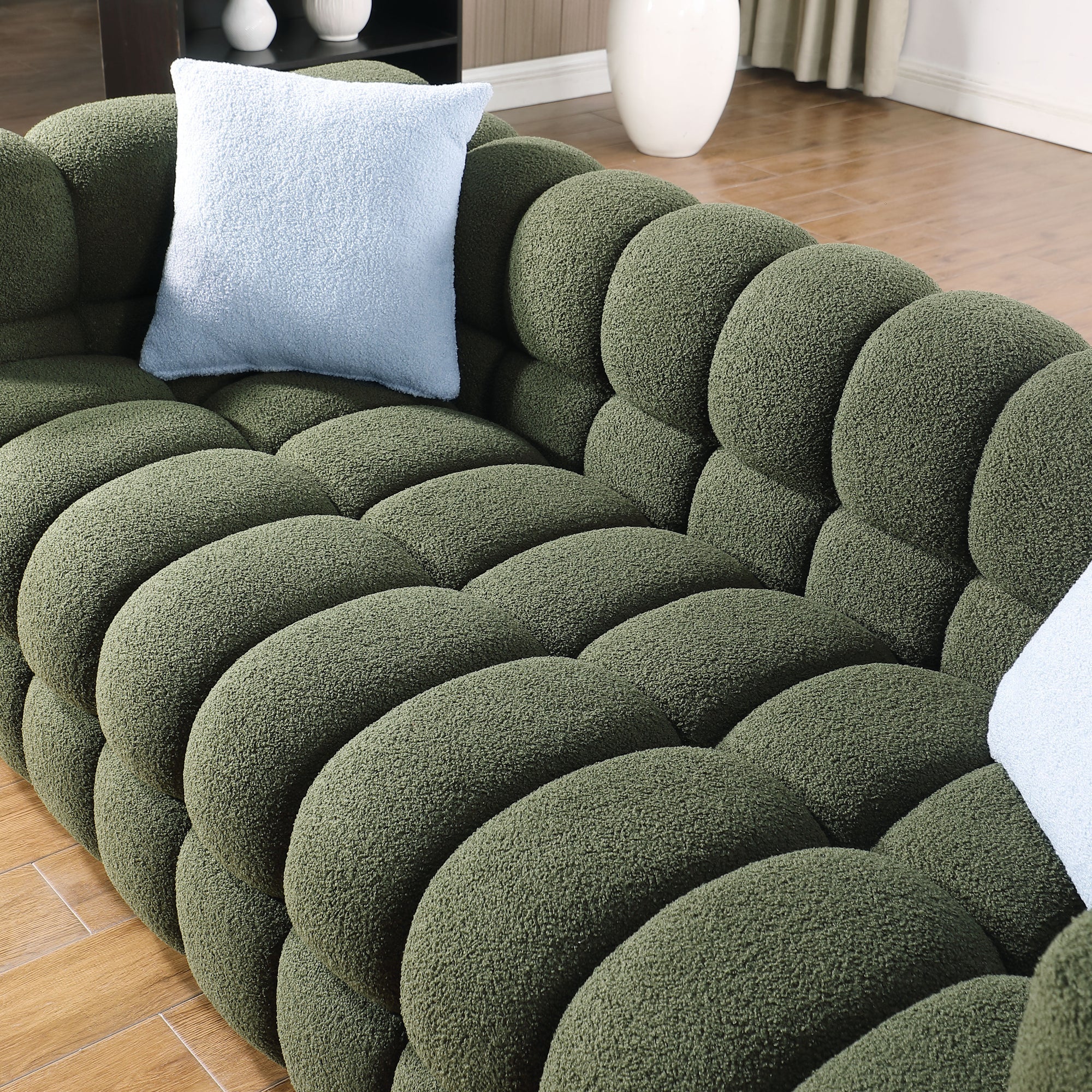 Olive Green Boucle 5-Seater Marshmallow Loveseat Sofa