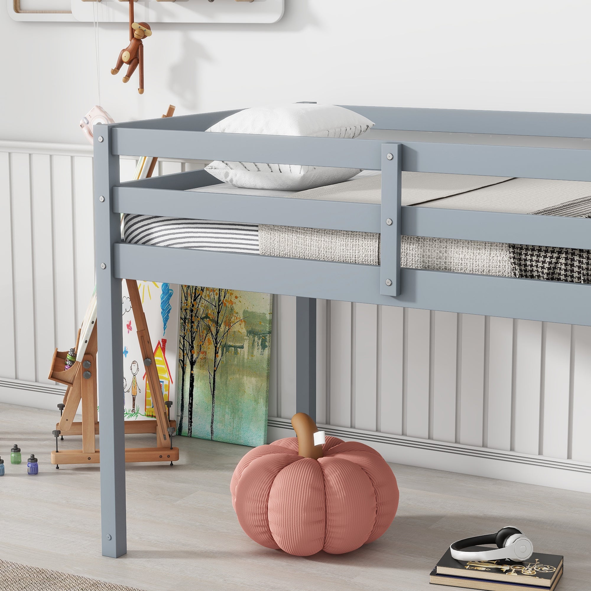 Gray Twin Loft Bed with Ladder in Rubber Wood