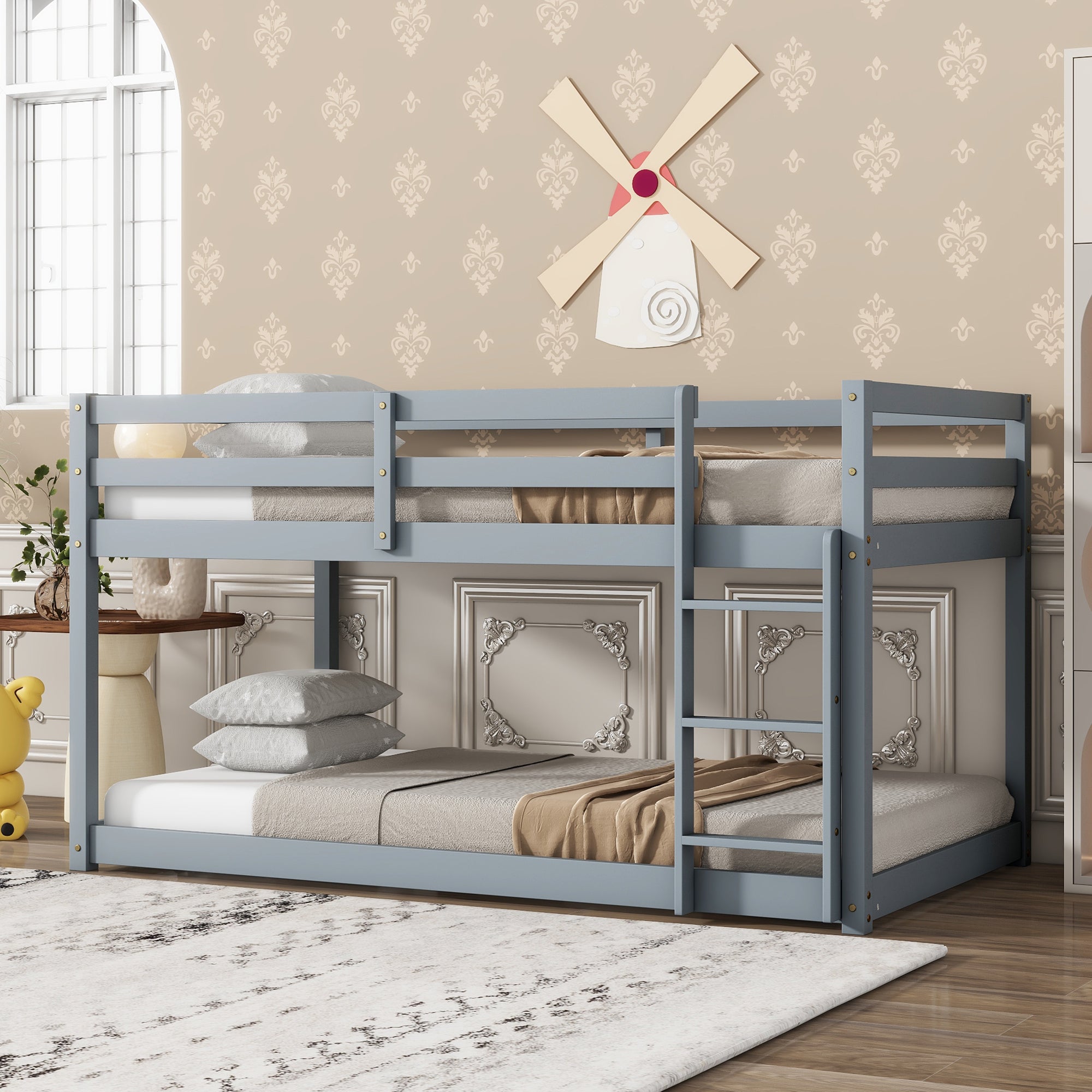 Gray Solid Rubber Wood Twin Over Twin Loft Bed with Ladder