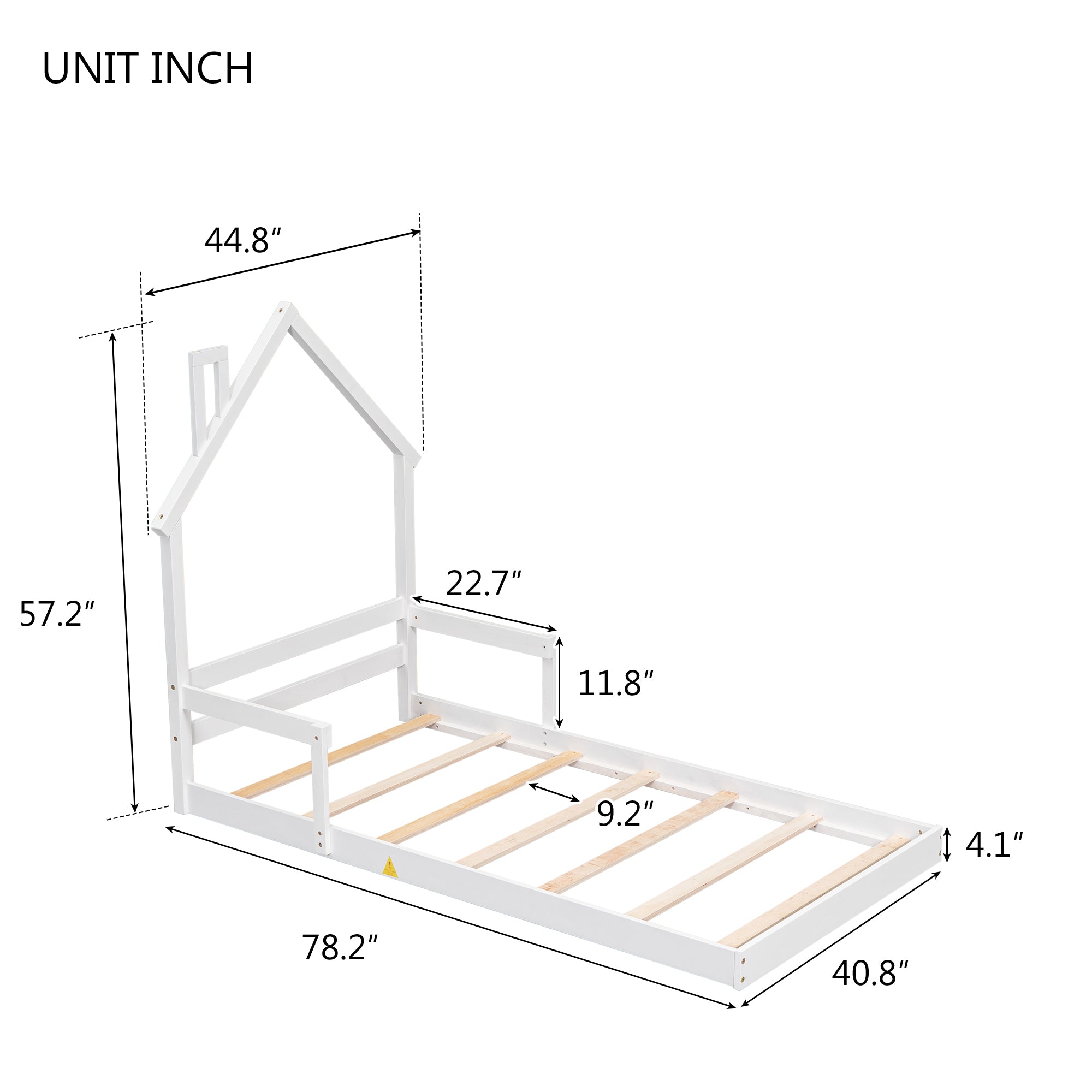 White Twin House-Shaped Headboard Toddler Floor Bed with Handrails