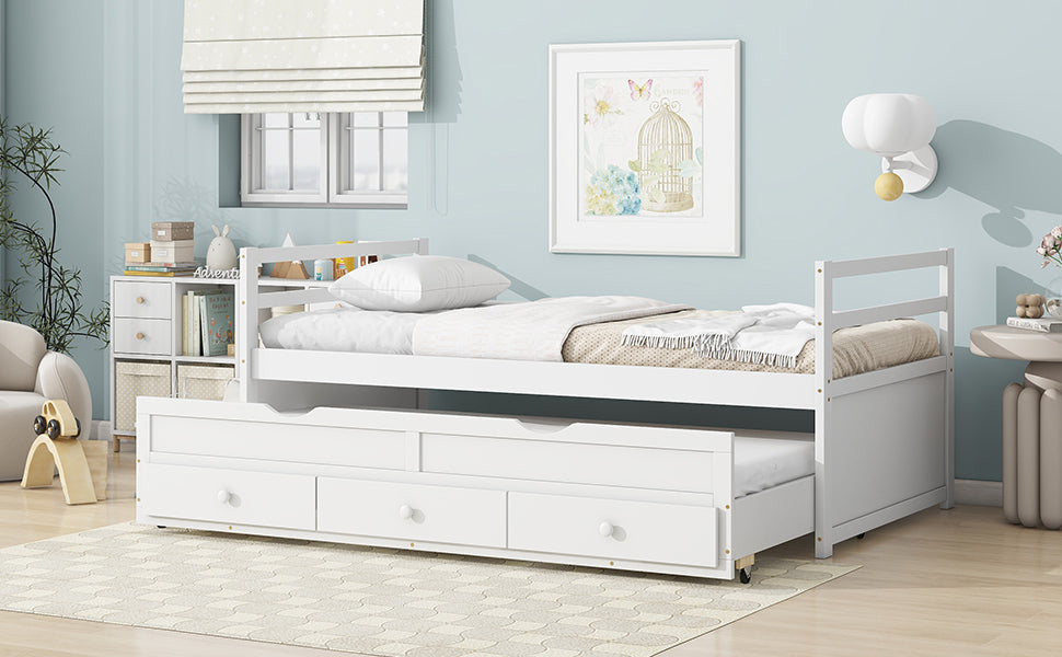 White Pine Twin Size Bed with Headboard, Footboard, Trundle, and Storage Drawers