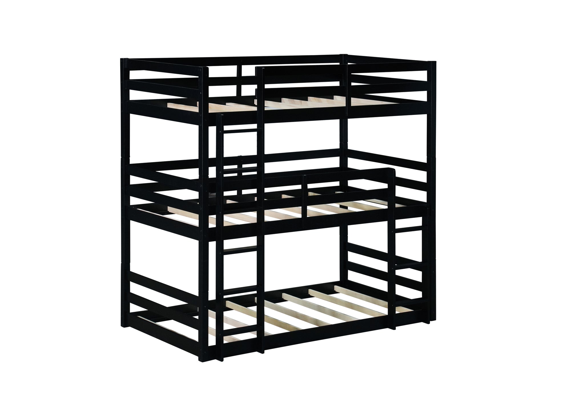 Black Triple Rubber Wood Bunk Bed with Built-In Ladders and Guardrails