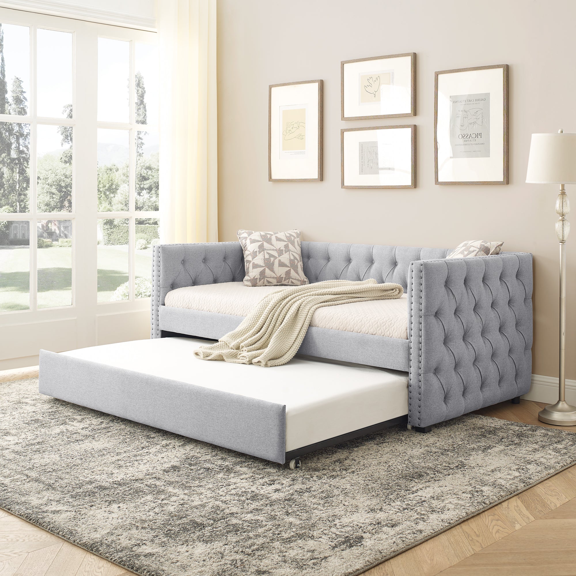 Twin Size Daybed with Twin Size Trundle & Gray Button Tufted Upholstery