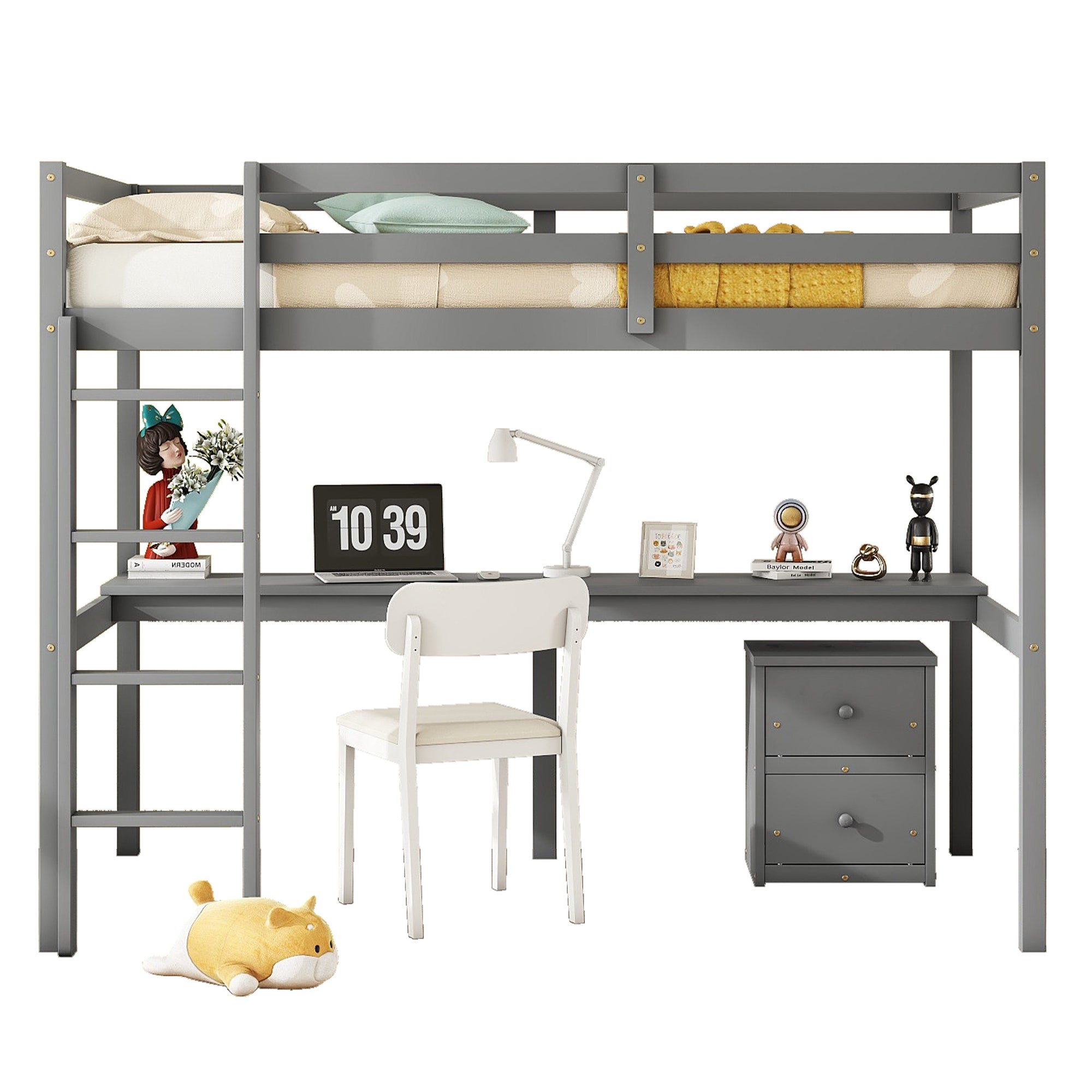 Twin Loft Wood Bed with Built-in Desk, Storage Cabinet, and Ladder