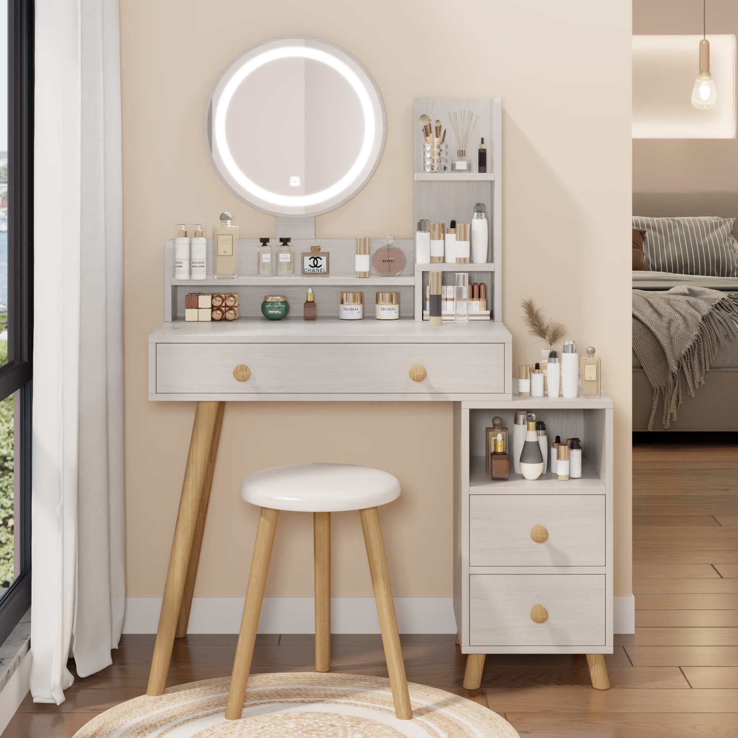 Round Mirror Bedside Cabinet Vanity Table With Cushioned Stool 17 Inch LED Touch Control Adjustable Brightness In White Oak