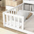 Twin Toddler Floor Bed with Bedside Bookcase, Shelves, and Guardrails in White