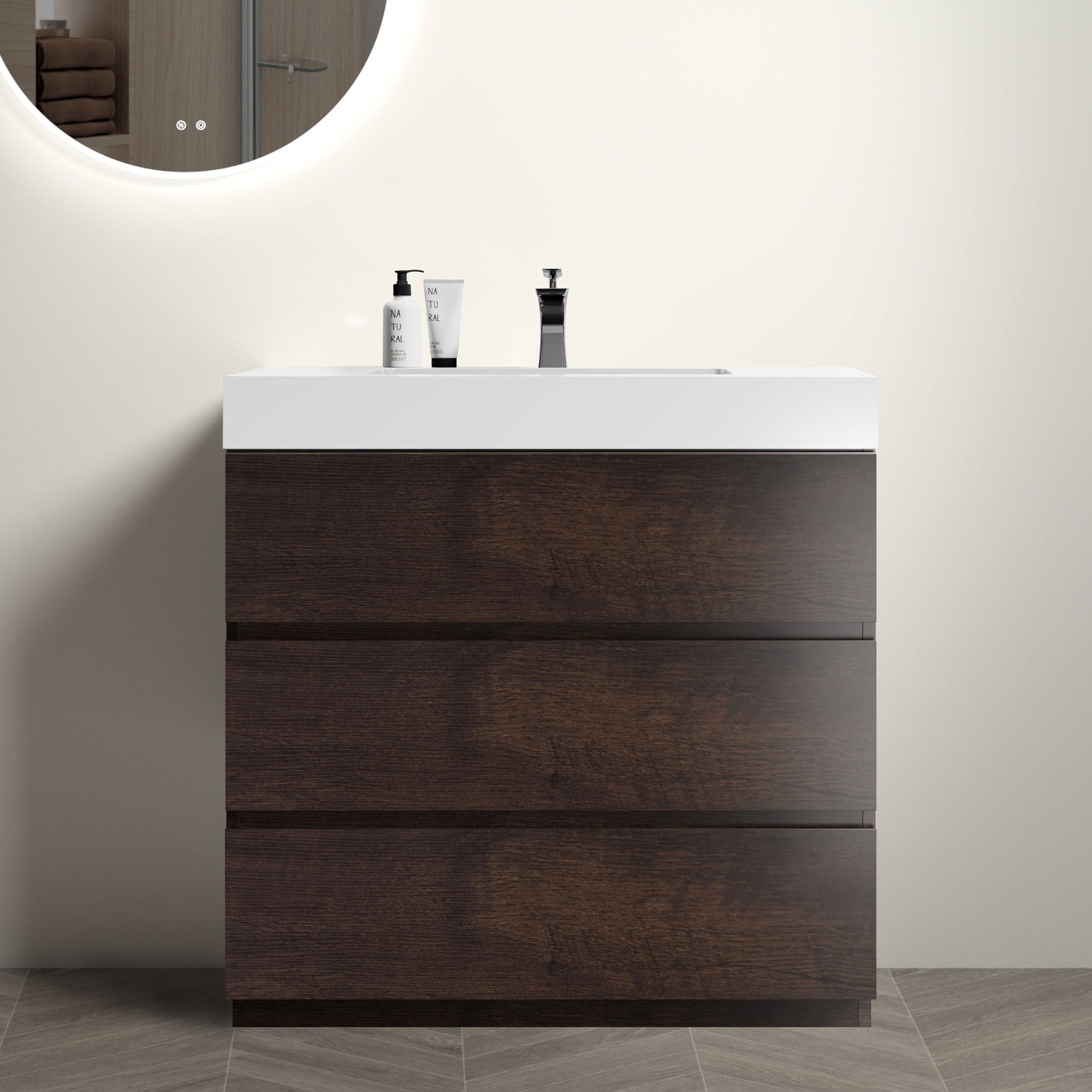 36 Walnut Bathroom Vanity with Sink Large Storage Freestanding Design One-Piece White Basin In Walnut