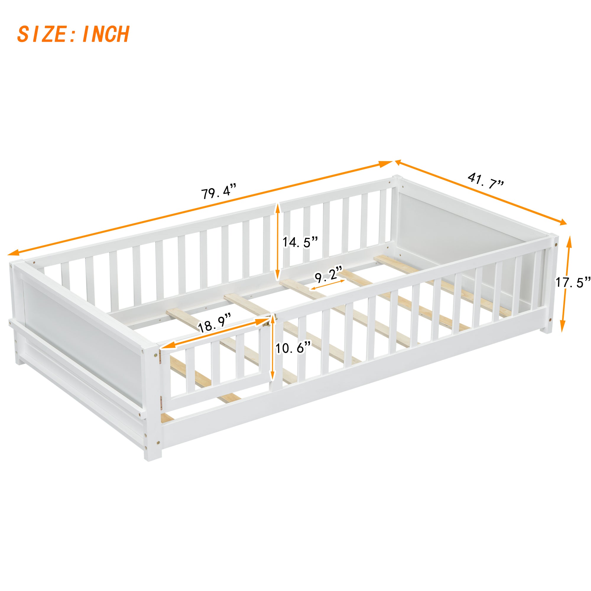 White Twin Toddler Floor Platform Bed with Built-in Book Storage Rack and Door