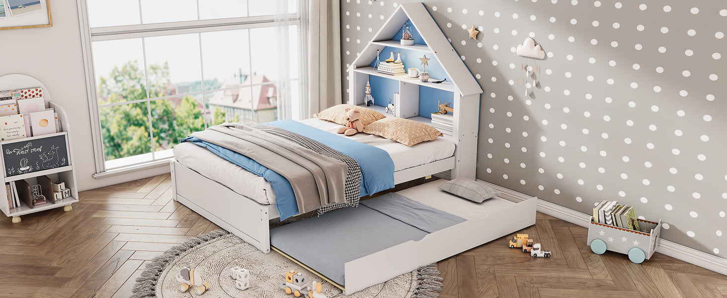 White & Blue Twin Size Bed with Bookcase, Trundle, and Motion-Activated Nightlight